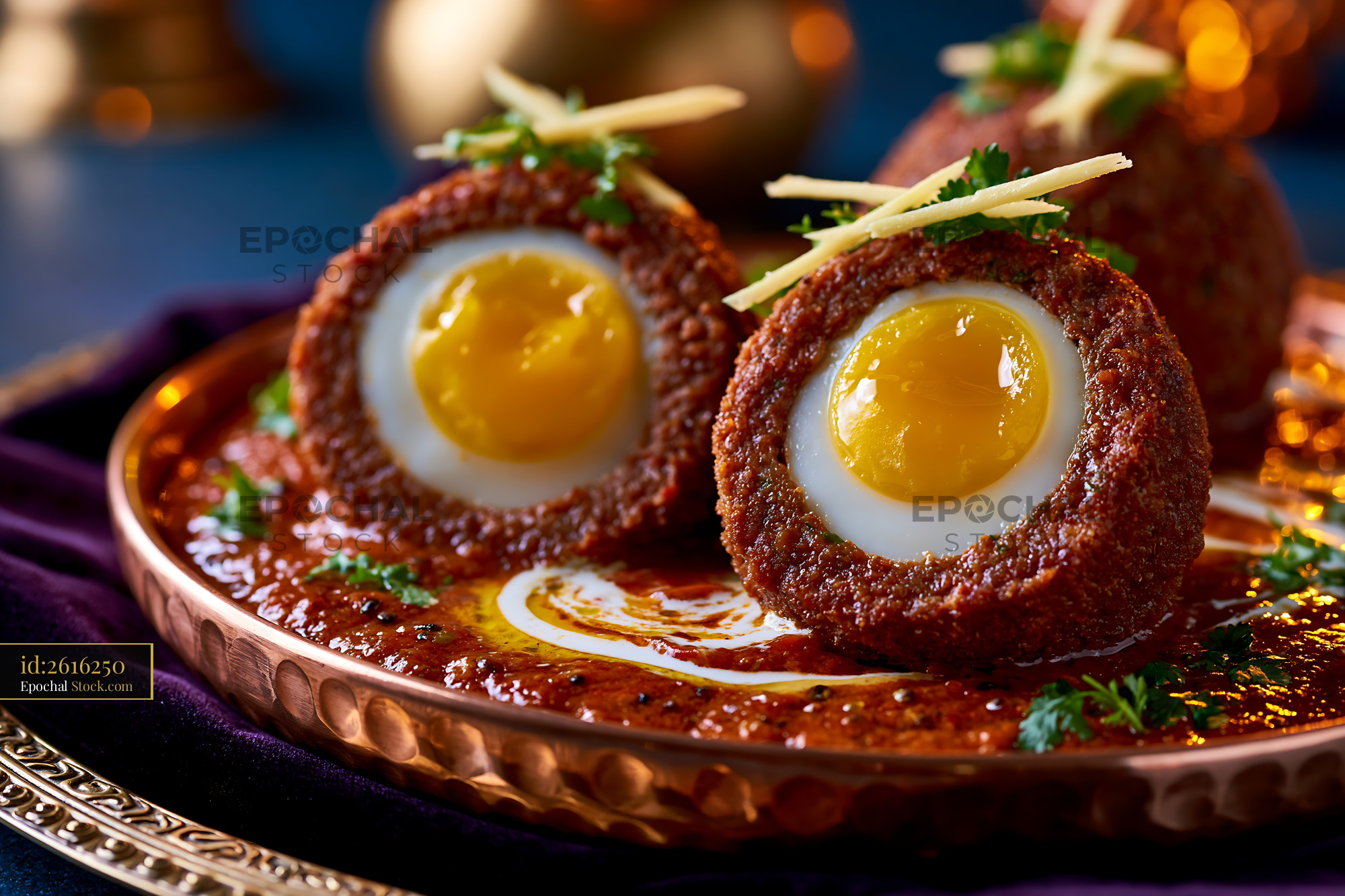 Nargisi kofta egg food served in spicy tomato gravy on a copper plate - stock photo
