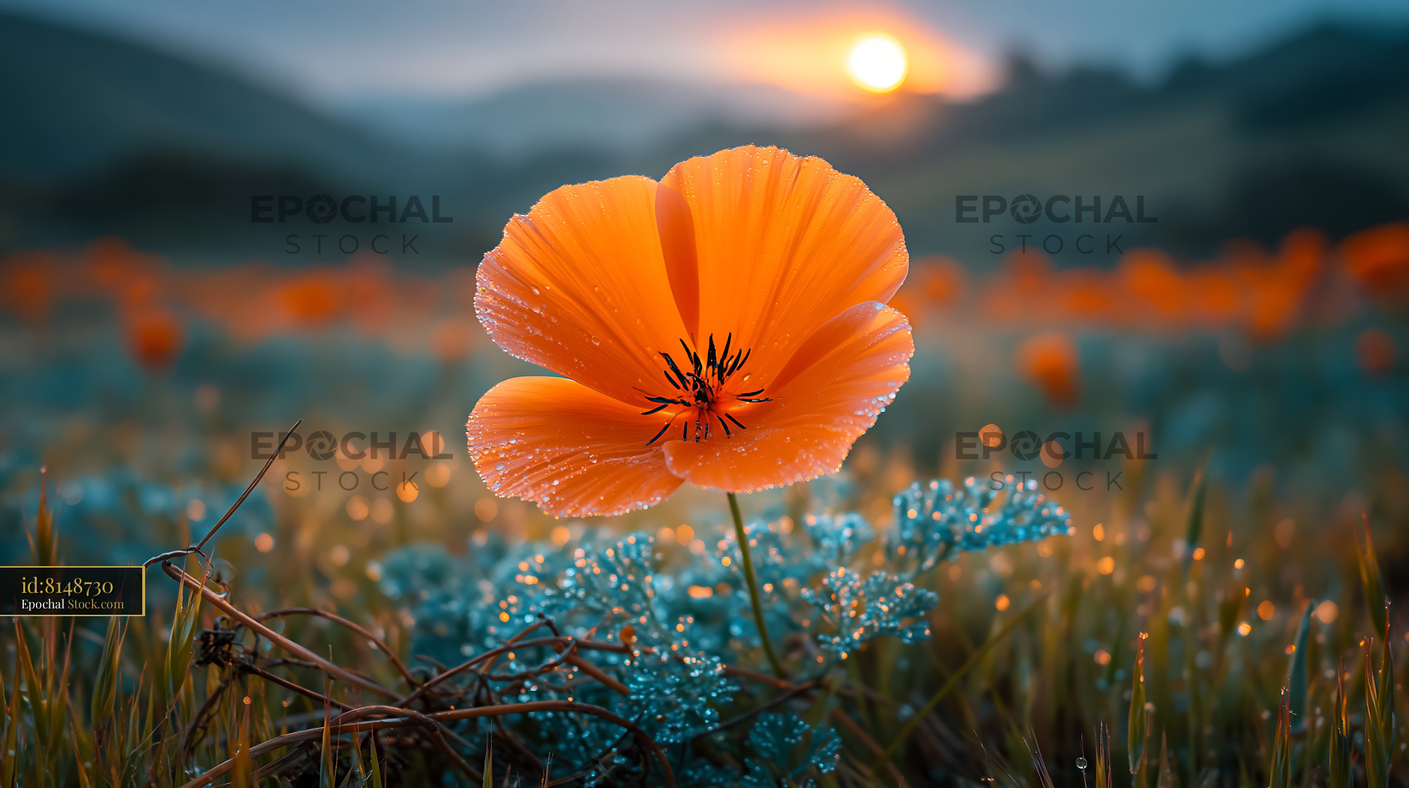 Orange California poppy in a wildflower meadow at sunset