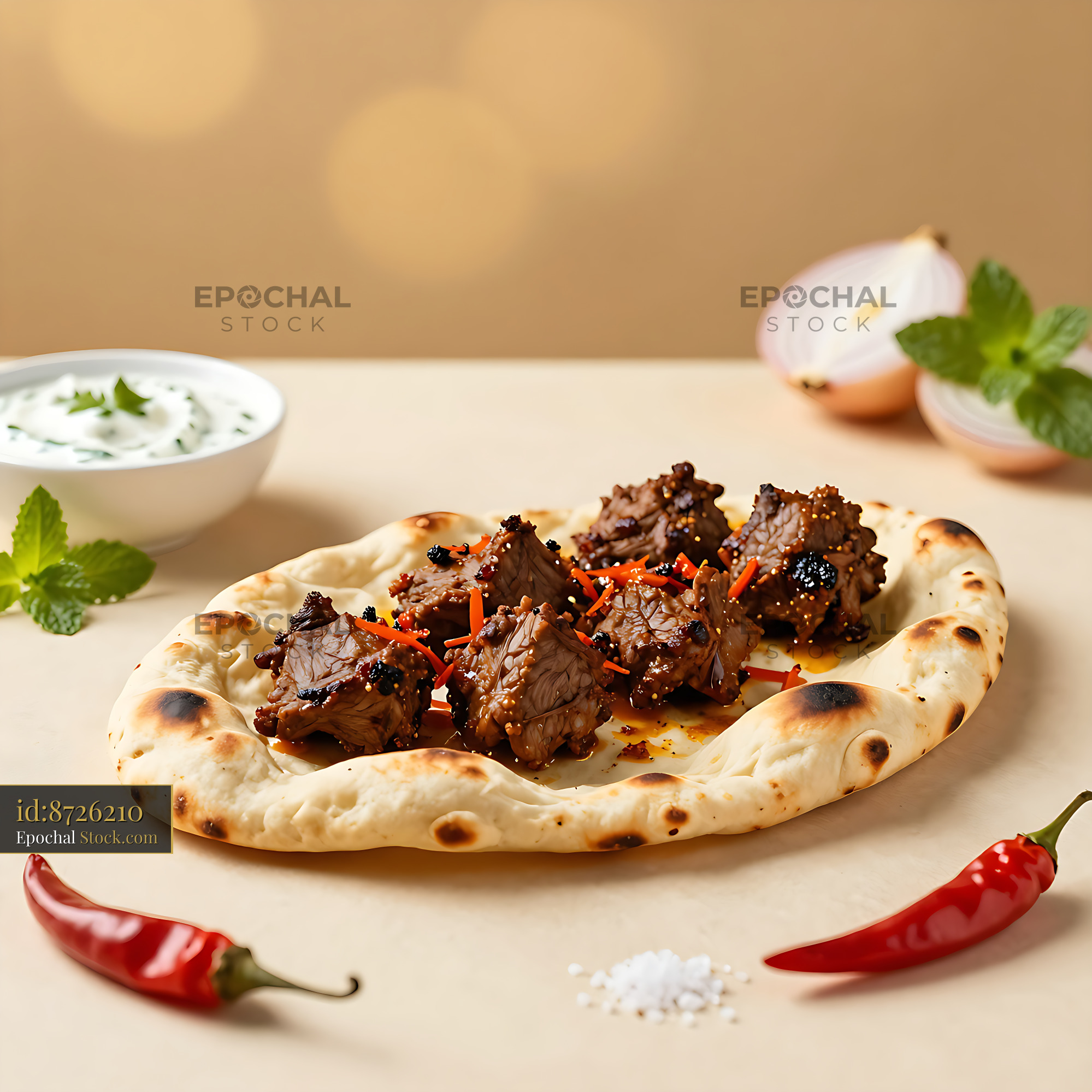 Pakistani Bihari kebab on fresh naan with yogurt dip and spices - stock photo