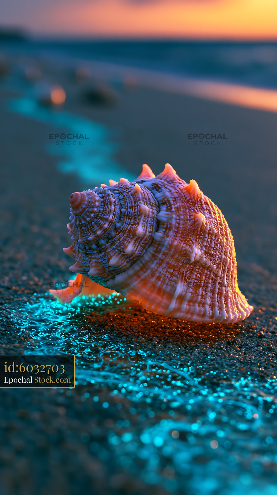 Seashell on a sandy beach with bioluminescent blue glow at sunset - stock photo