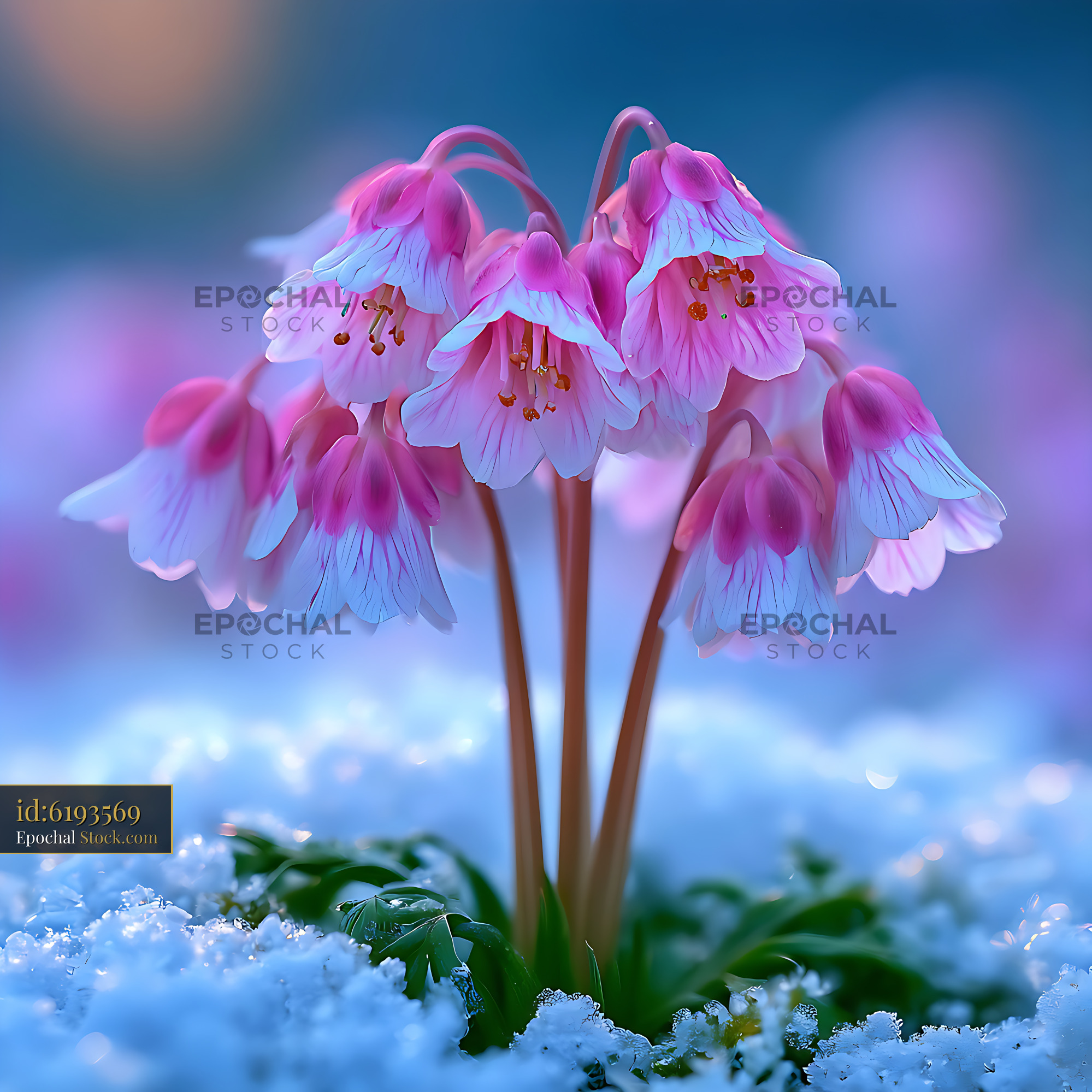 Pink alpine snowbell soldanella flowers blooming through fresh snow - stock photo