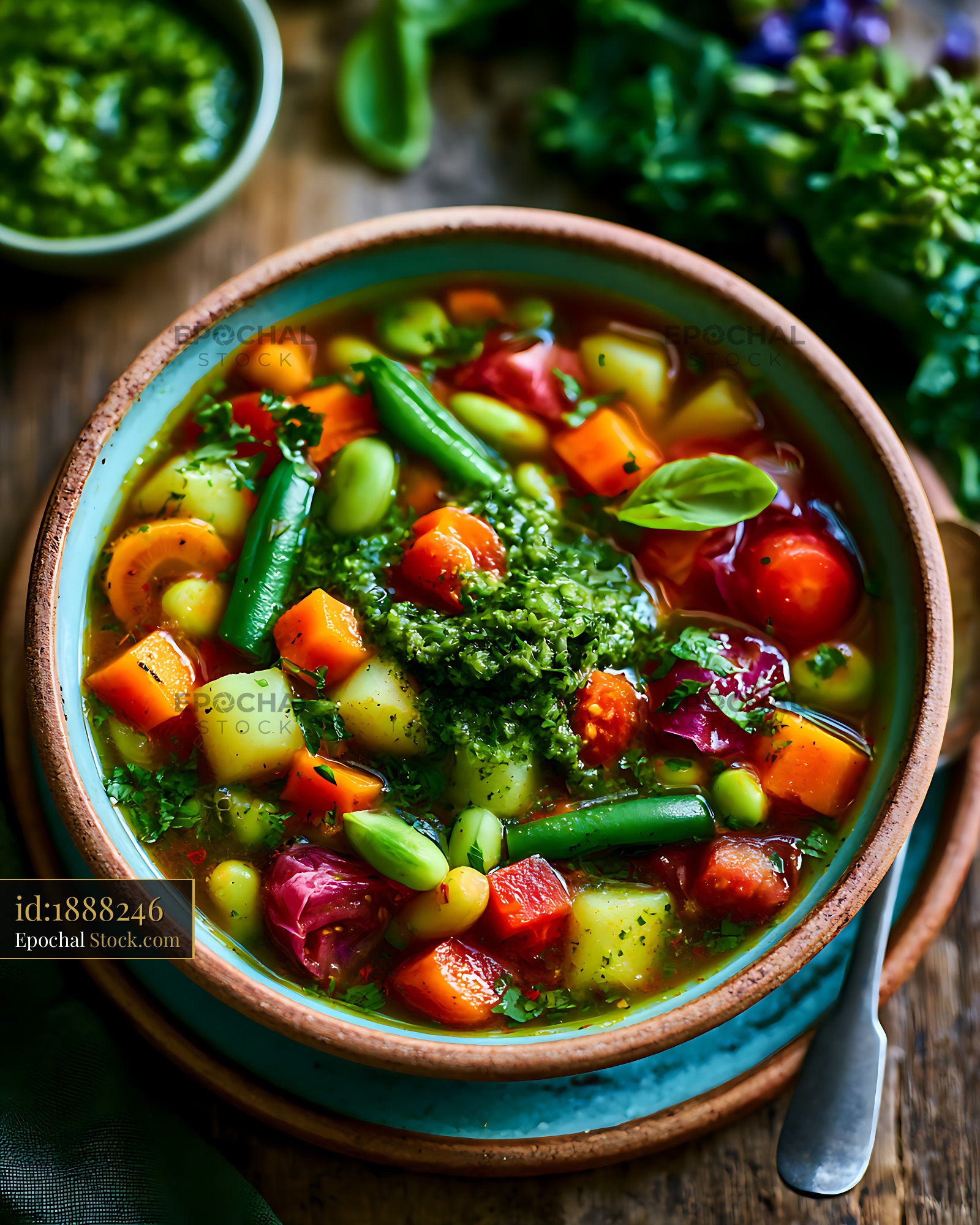Fresh minestrone alla genovese with pesto in a rustic bowl - stock photo