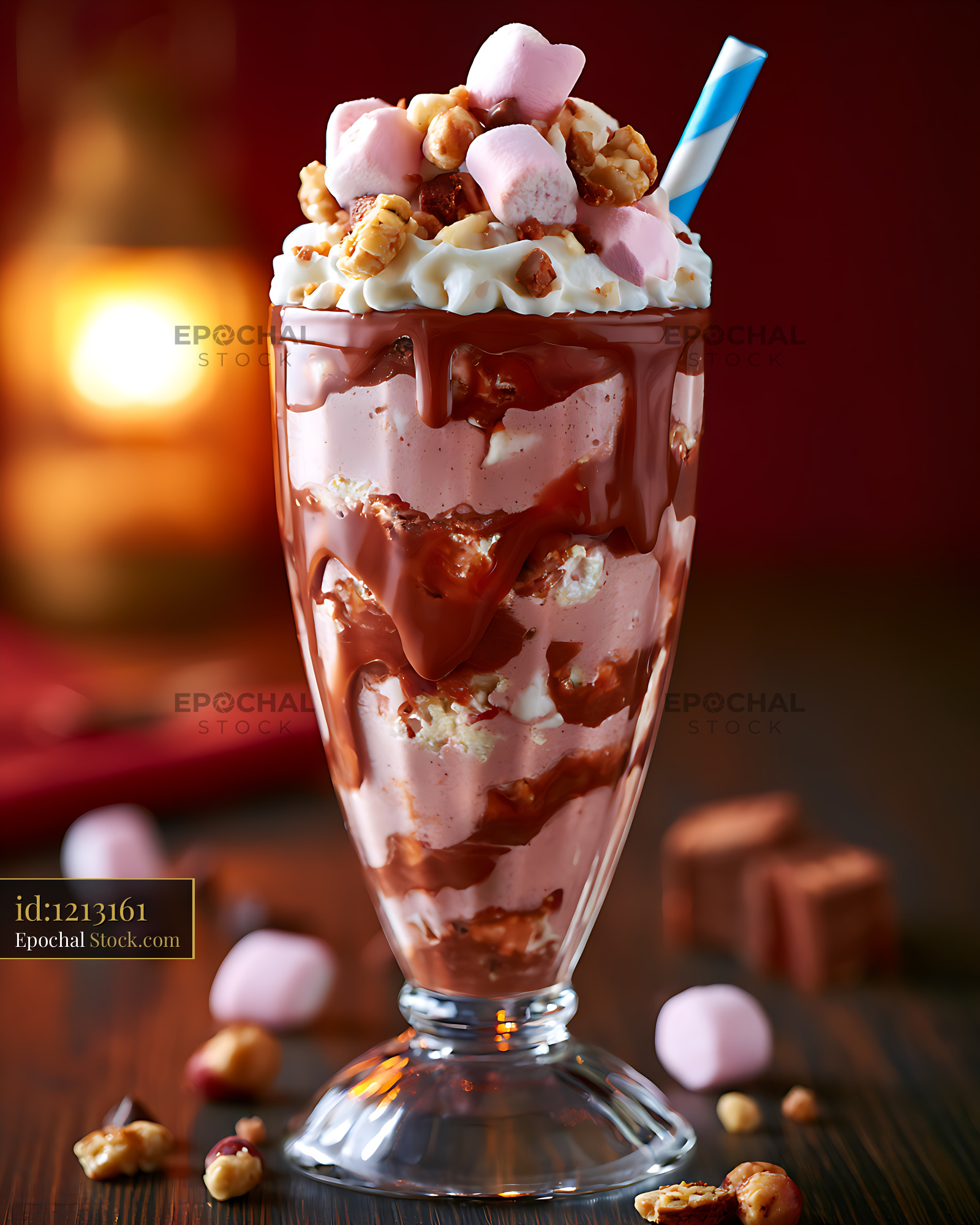 Rocky road milkshake with whipped cream marshmallows and chocolate sau - stock photo