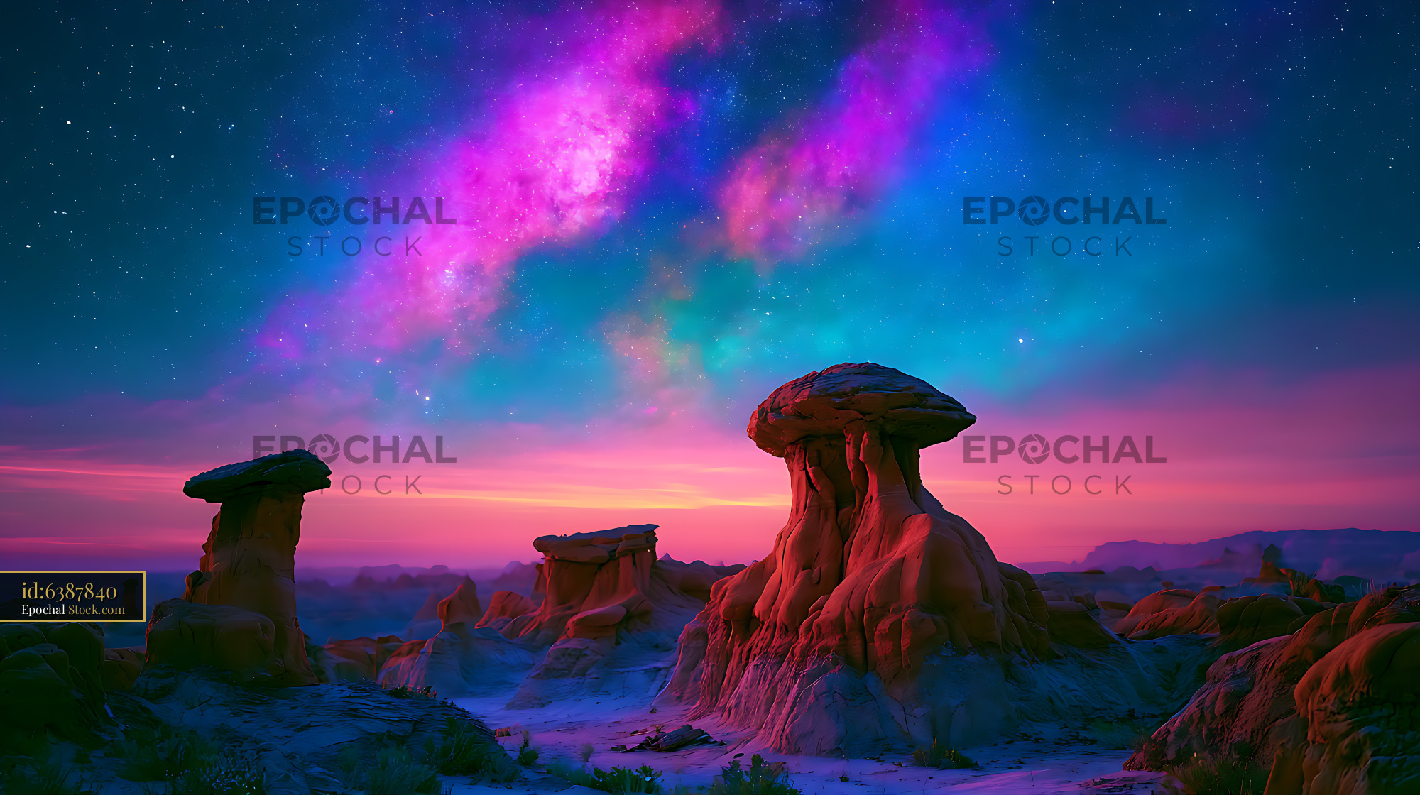 Sandstone hoodoos standing under a vibrant galactic core and starry ni - stock photo