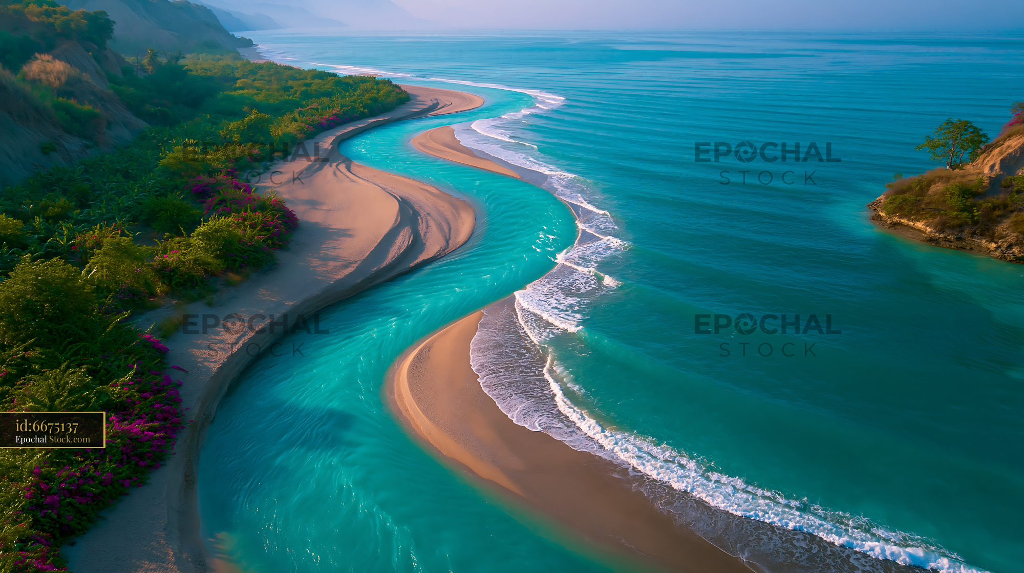 Tropical river meandering through white sand banks into the ocean - stock photo
