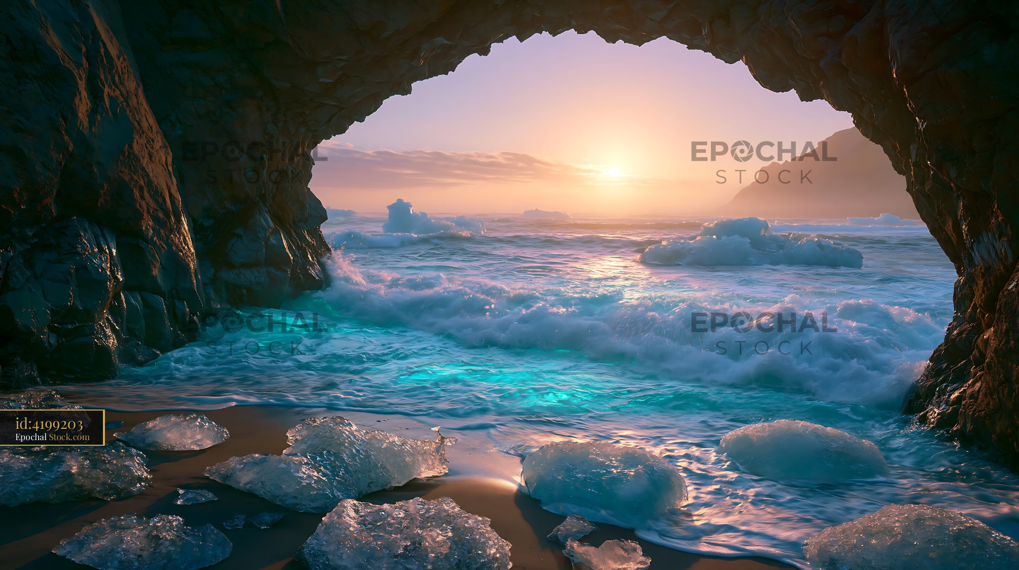 View from inside a sea cave looking at ice chunks on a beach at sunset - stock photo