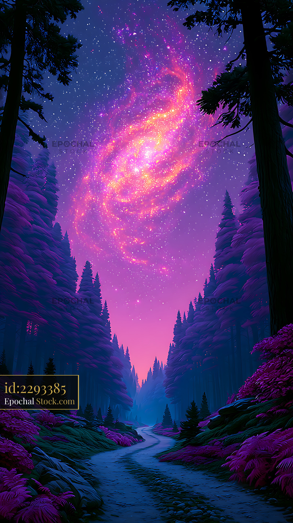 Galactic core glowing above a winding forest path on a moonless night - stock photo