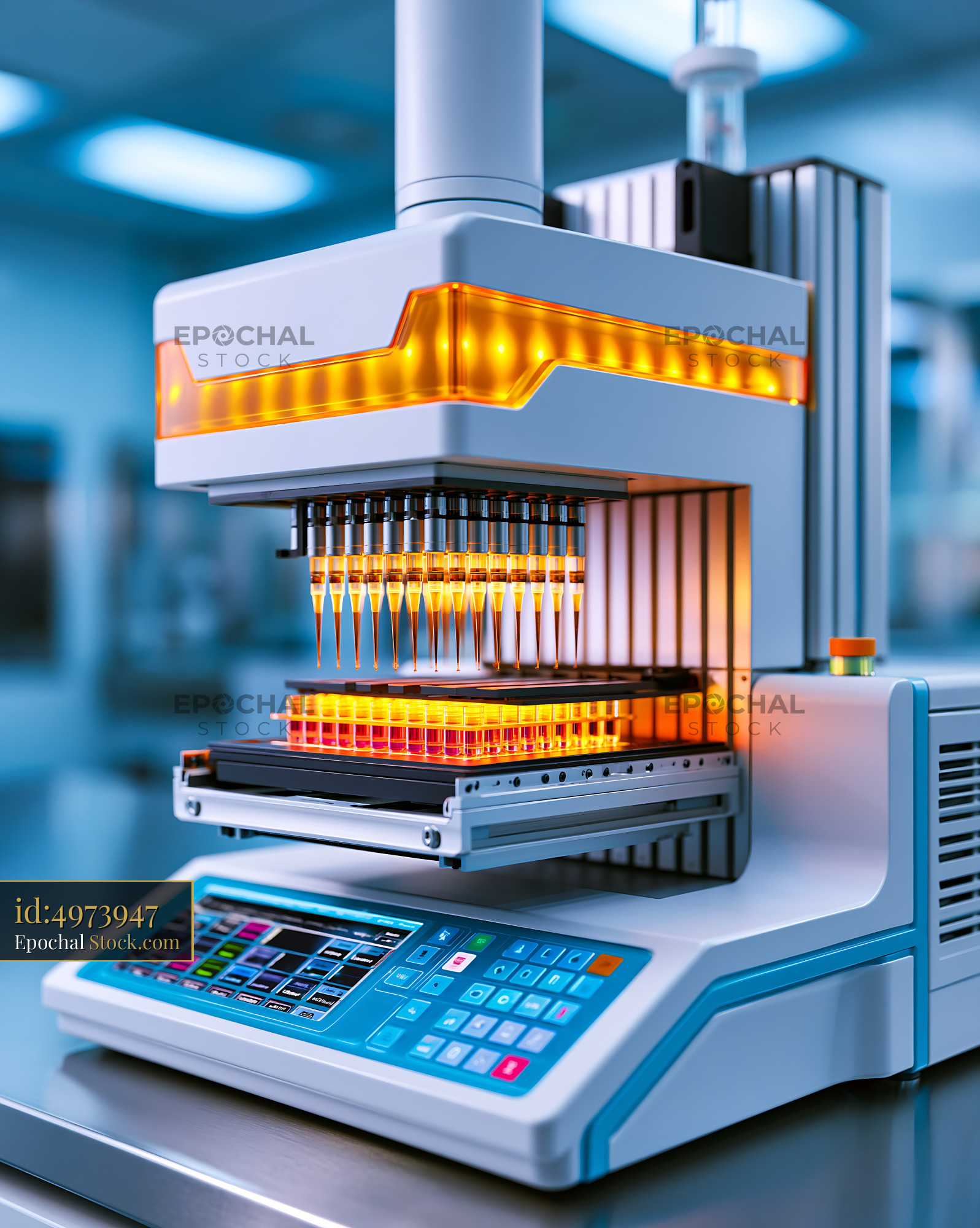Automated laboratory liquid handling system for biochemical research - stock photo