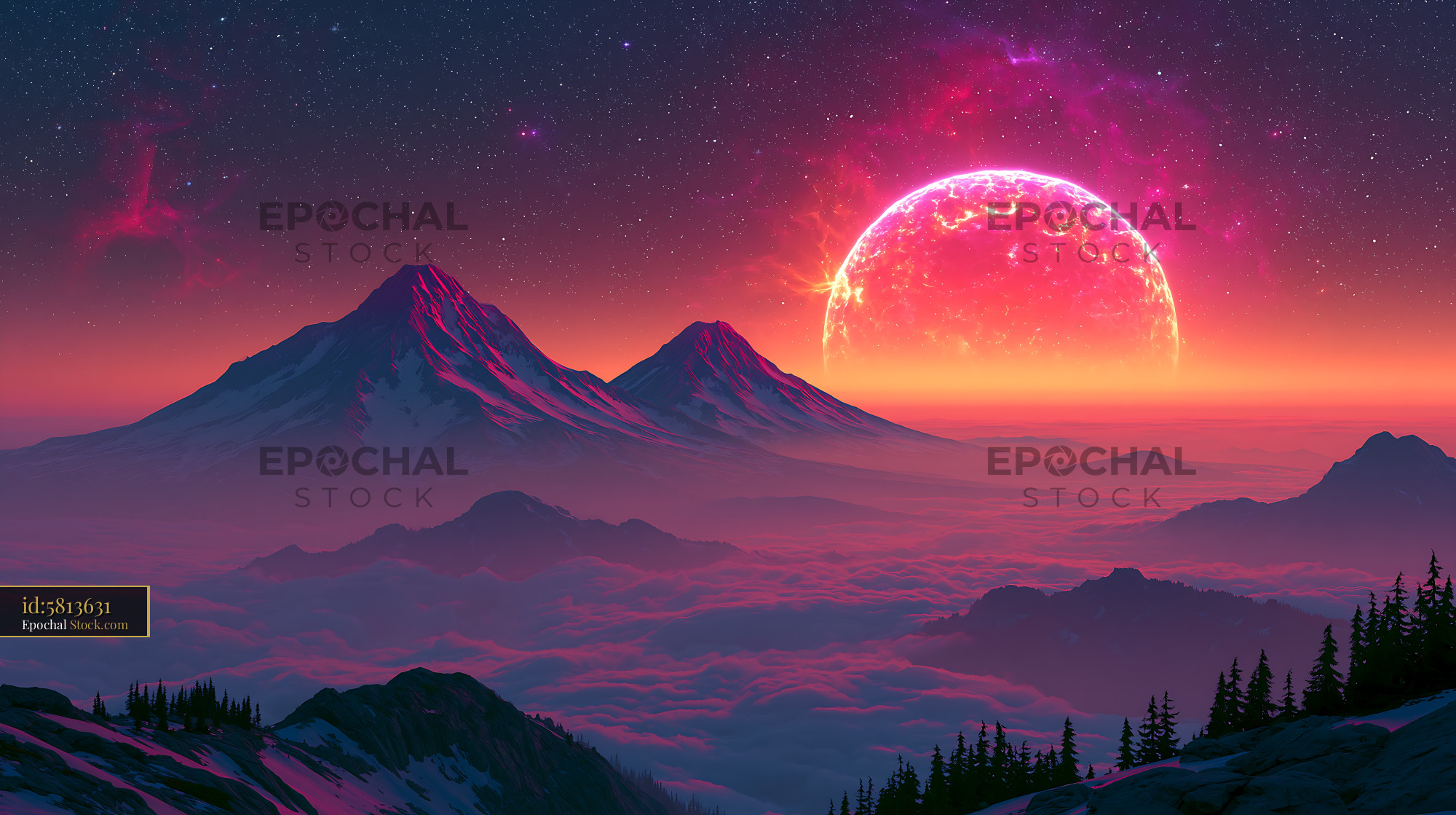 Surreal alien landscape with glowing sun over purple mountains - stock photo