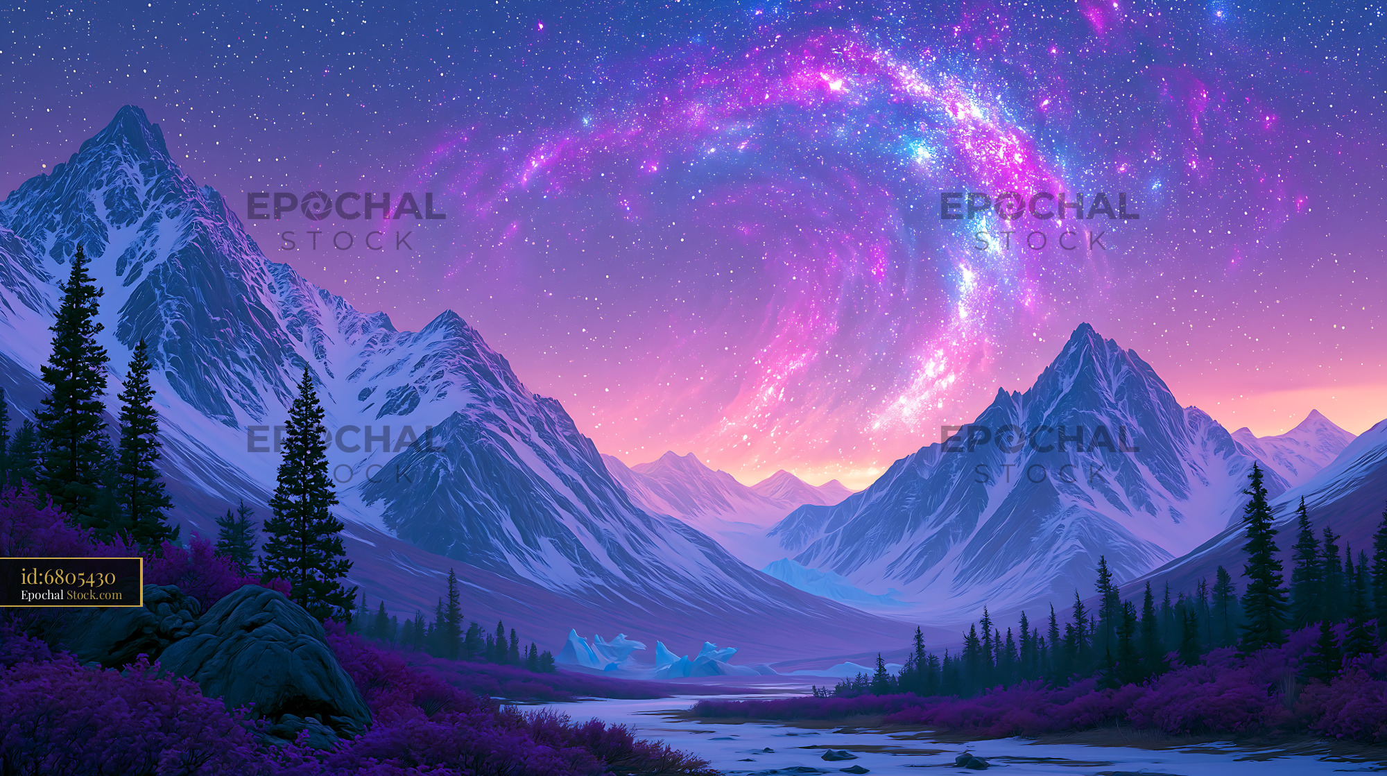 Snowy Denali mountain range under a swirling purple milky way galaxy - stock photo