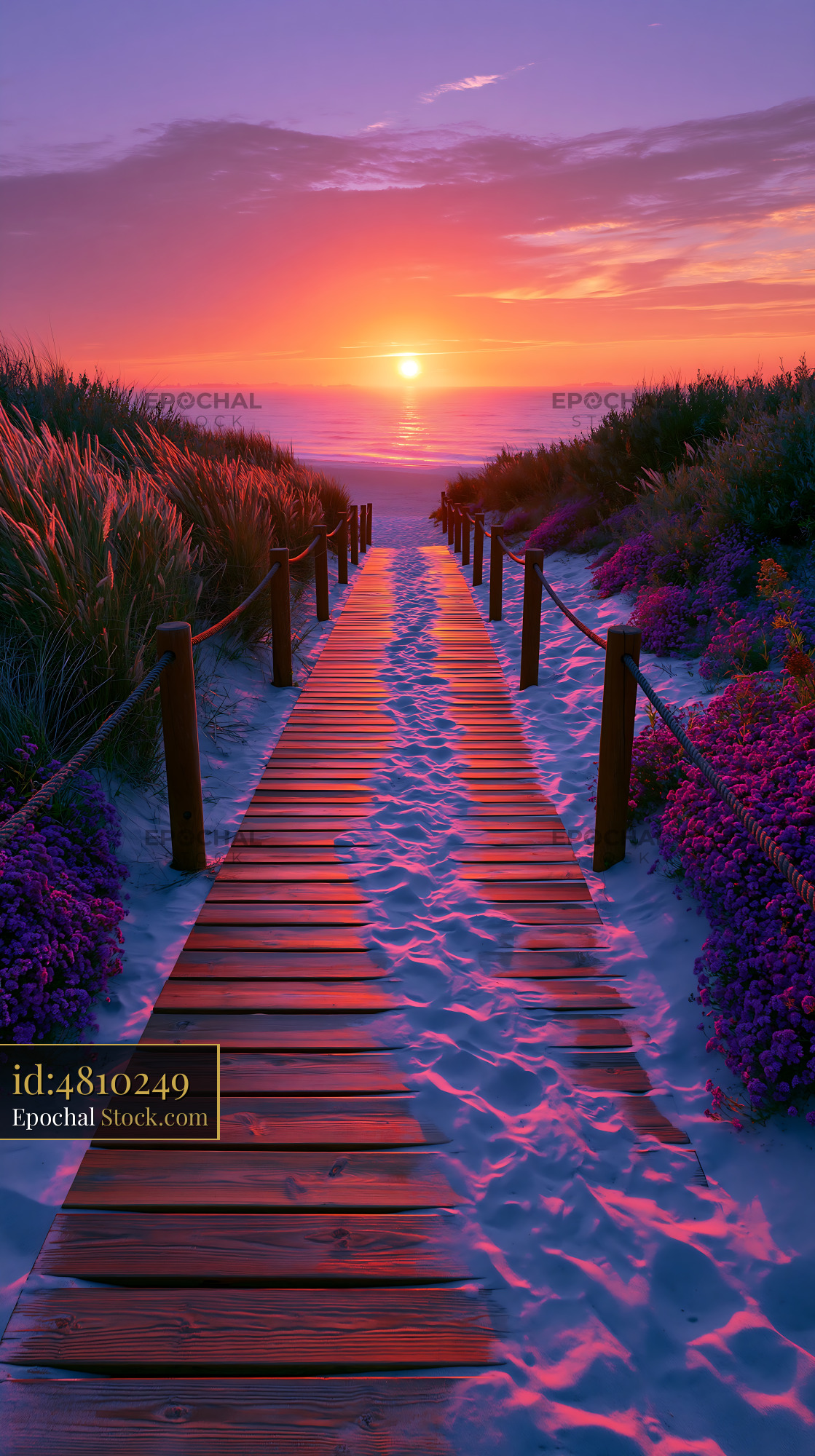 Wooden boardwalk leading through sand dunes to a vibrant beach sunset - stock photo