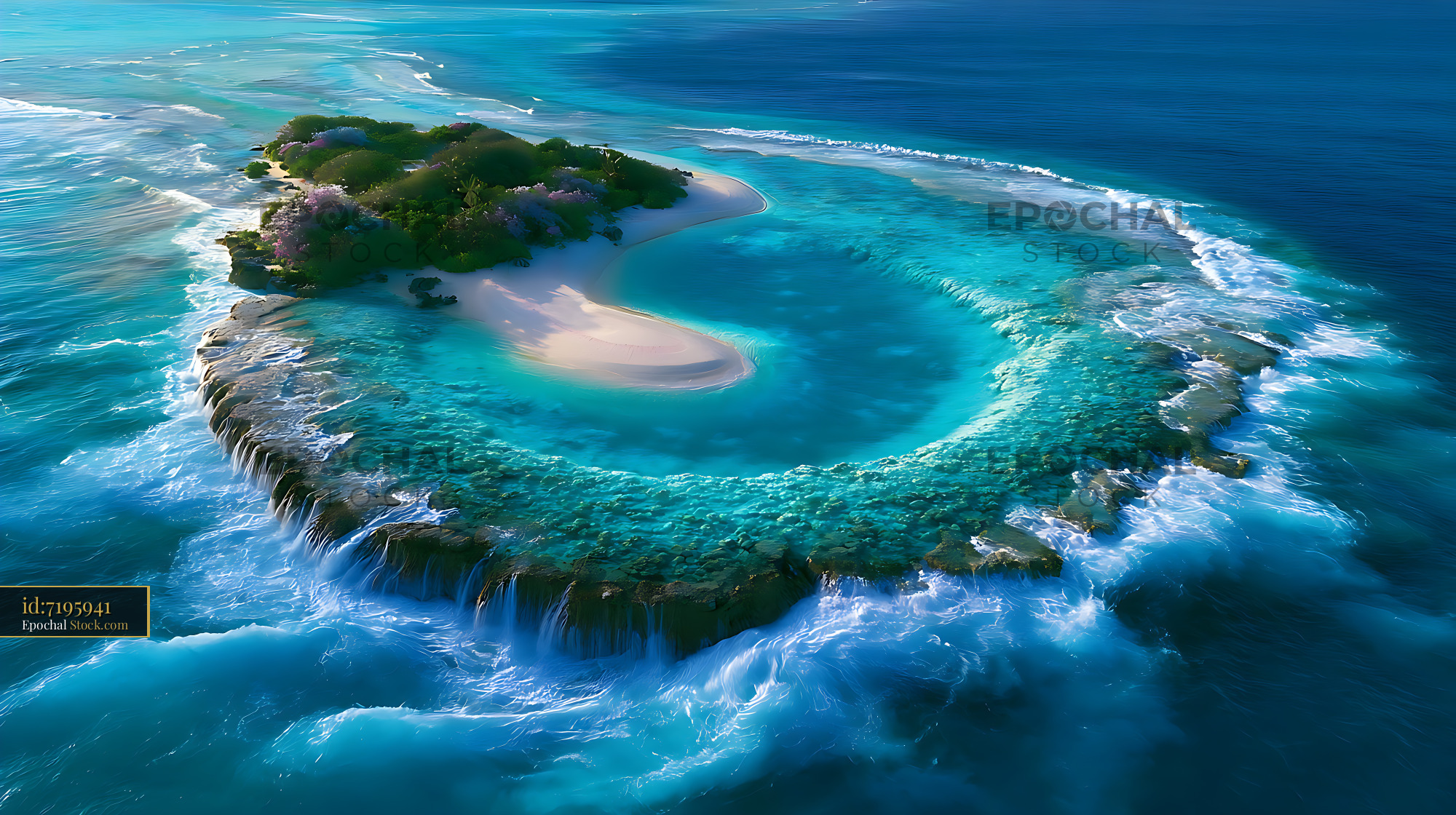 Aerial view of a tropical coral atoll with white sand and turquoise wa - stock photo