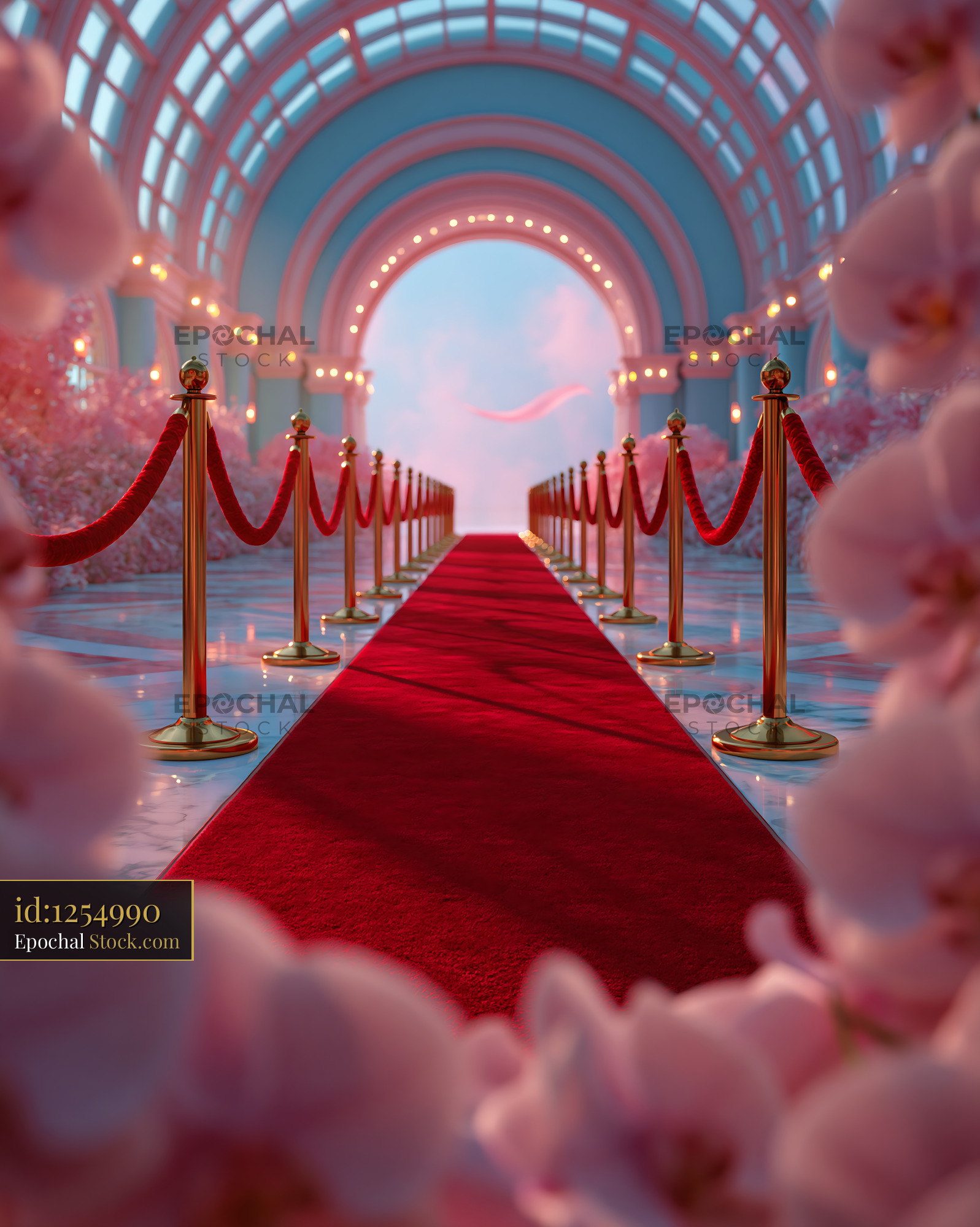 Empty red carpet gala entrance in a grand pastel glass hallway - stock photo
