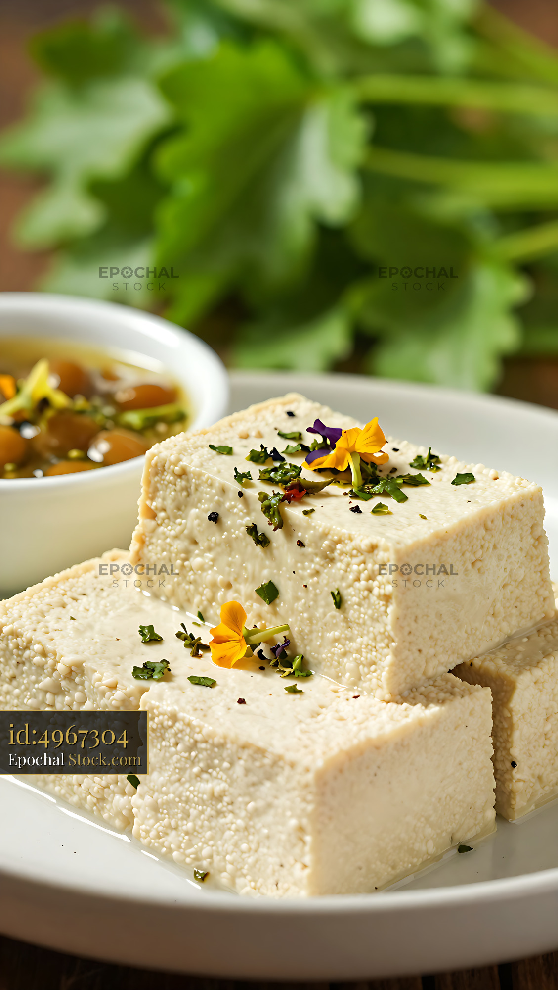Burmese Tofu Thoke Shan garnished with herbs and edible flowers - stock photo