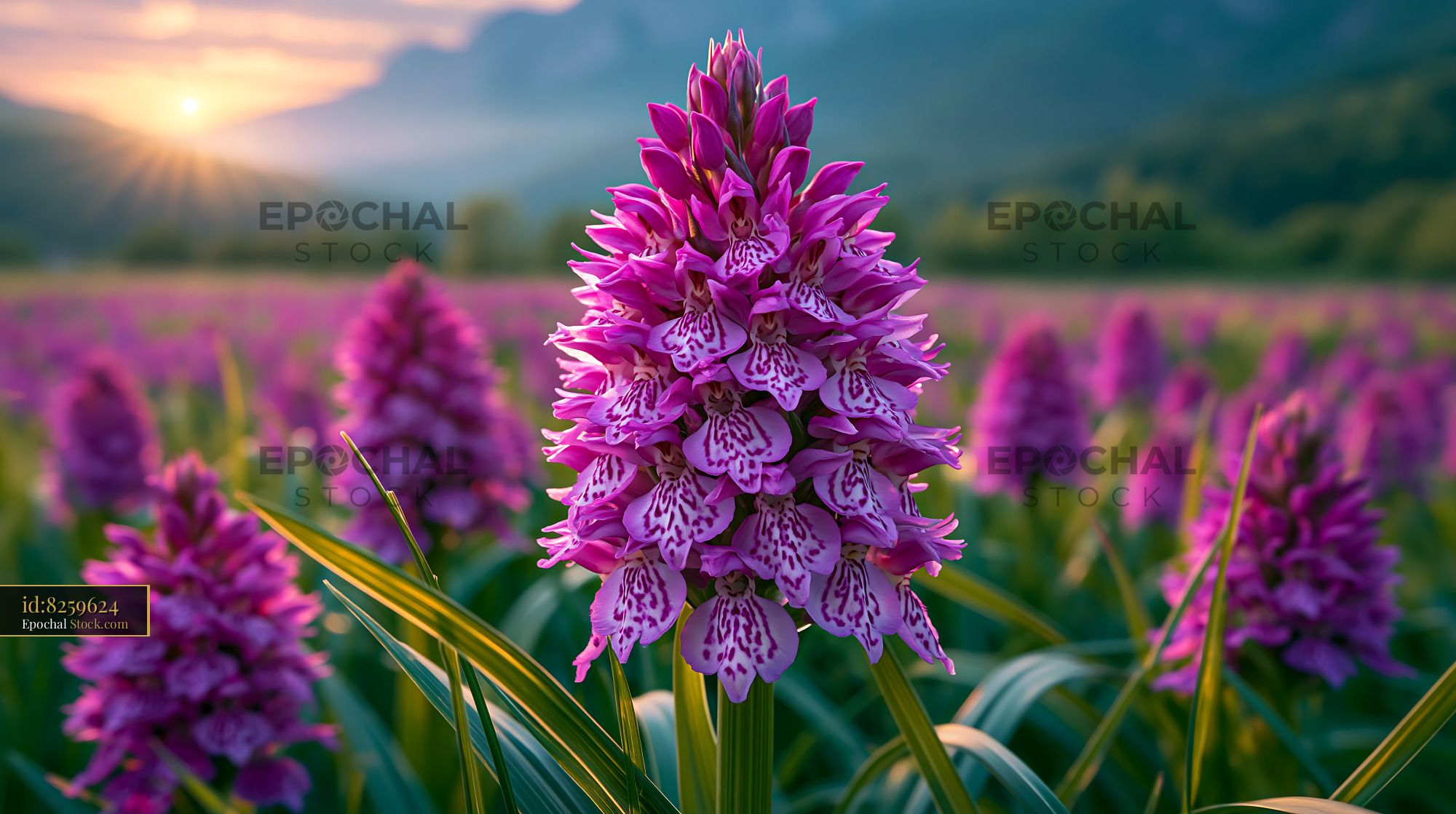 Pink orchid blooming in a saxon hay field at sunset - stock photo