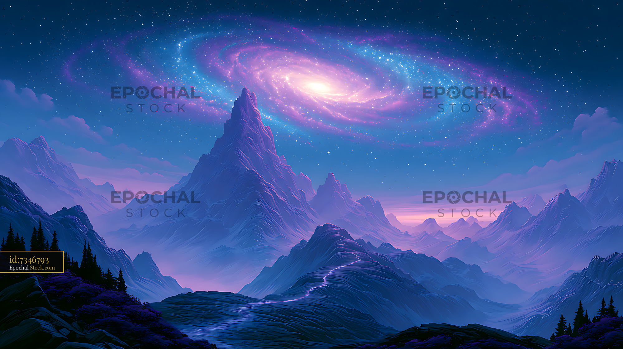 Galactic core winding mountain trail through a mystical purple landsca - stock photo