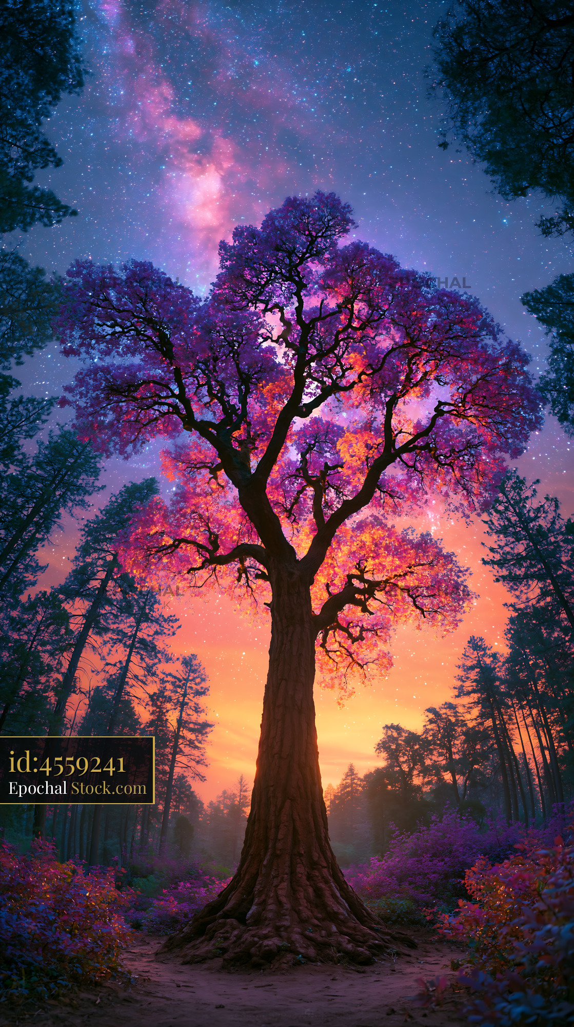 Glowing pink tree under the Milky Way in the Accursed Mountains - stock photo