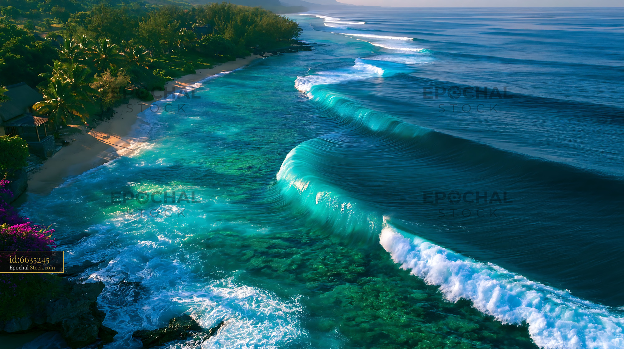 Aerial view of Mauritius illusion with turquoise waves and beach - stock photo