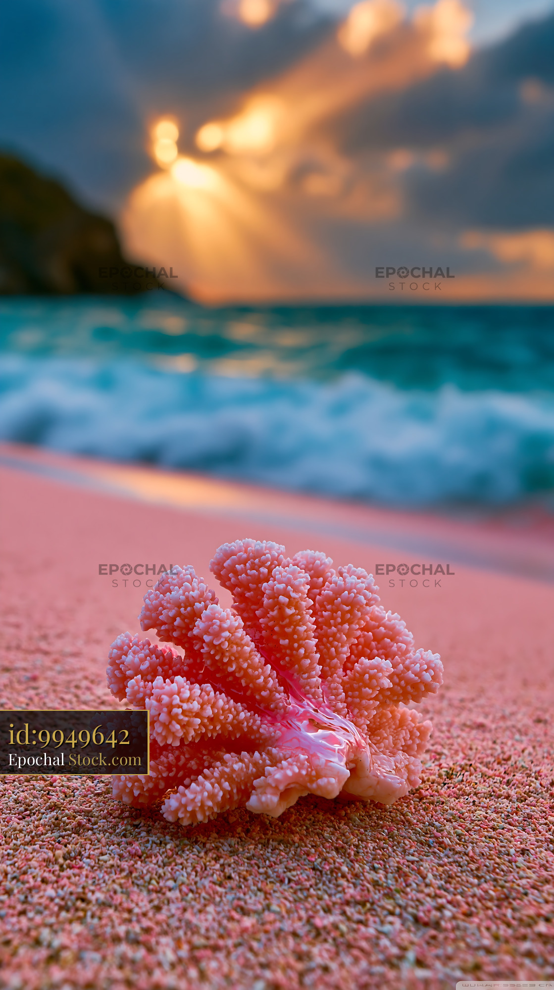Pink coral on a tropical pink sand beach during a golden sunset