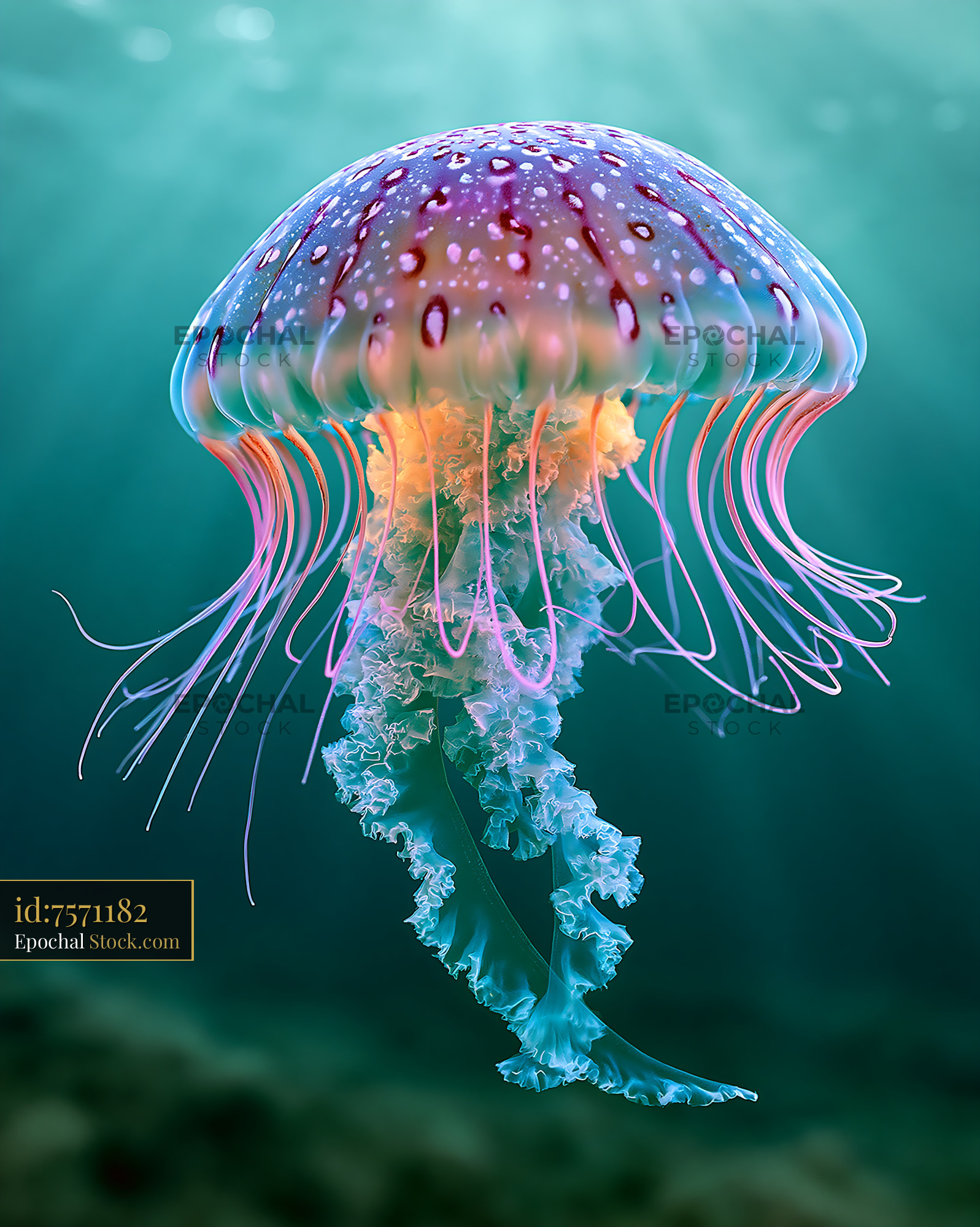 Vibrant purple and pink jellyfish floating in deep blue ocean water - stock photo