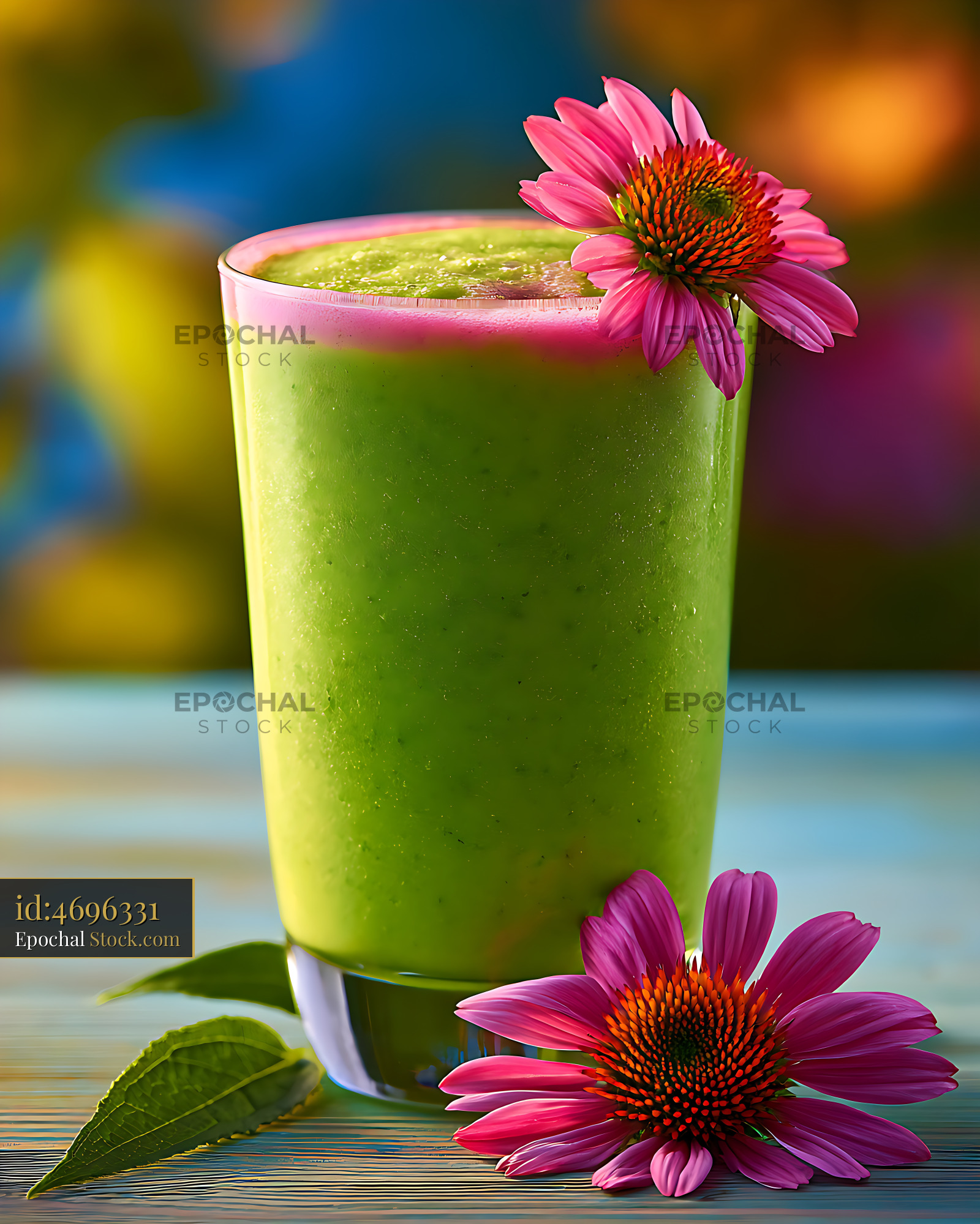 Vibrant green wellness smoothie with pink echinacea flowers - stock photo