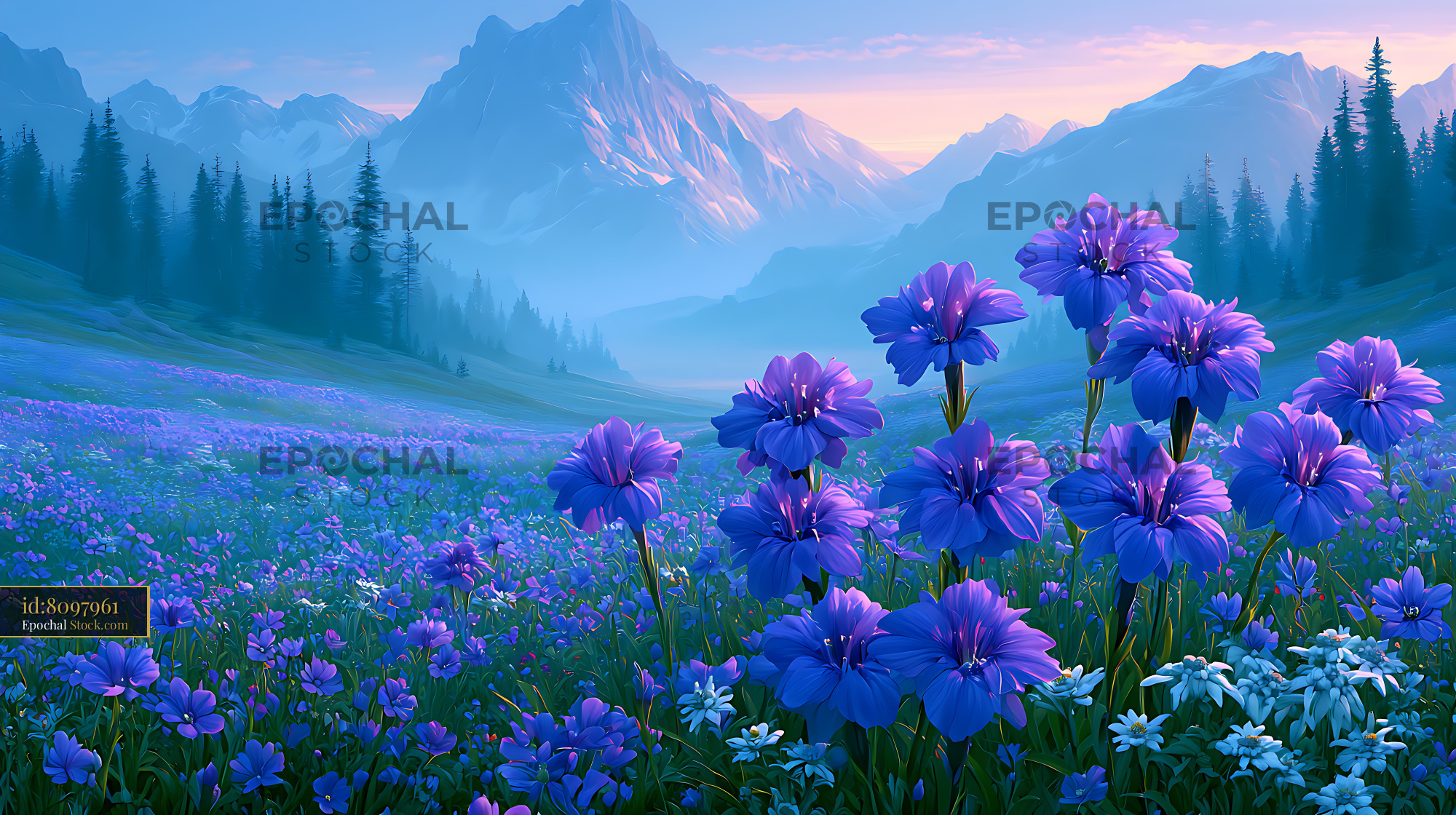 Vibrant alpine gentian and edelweiss meadow in mountain landscape - stock photo