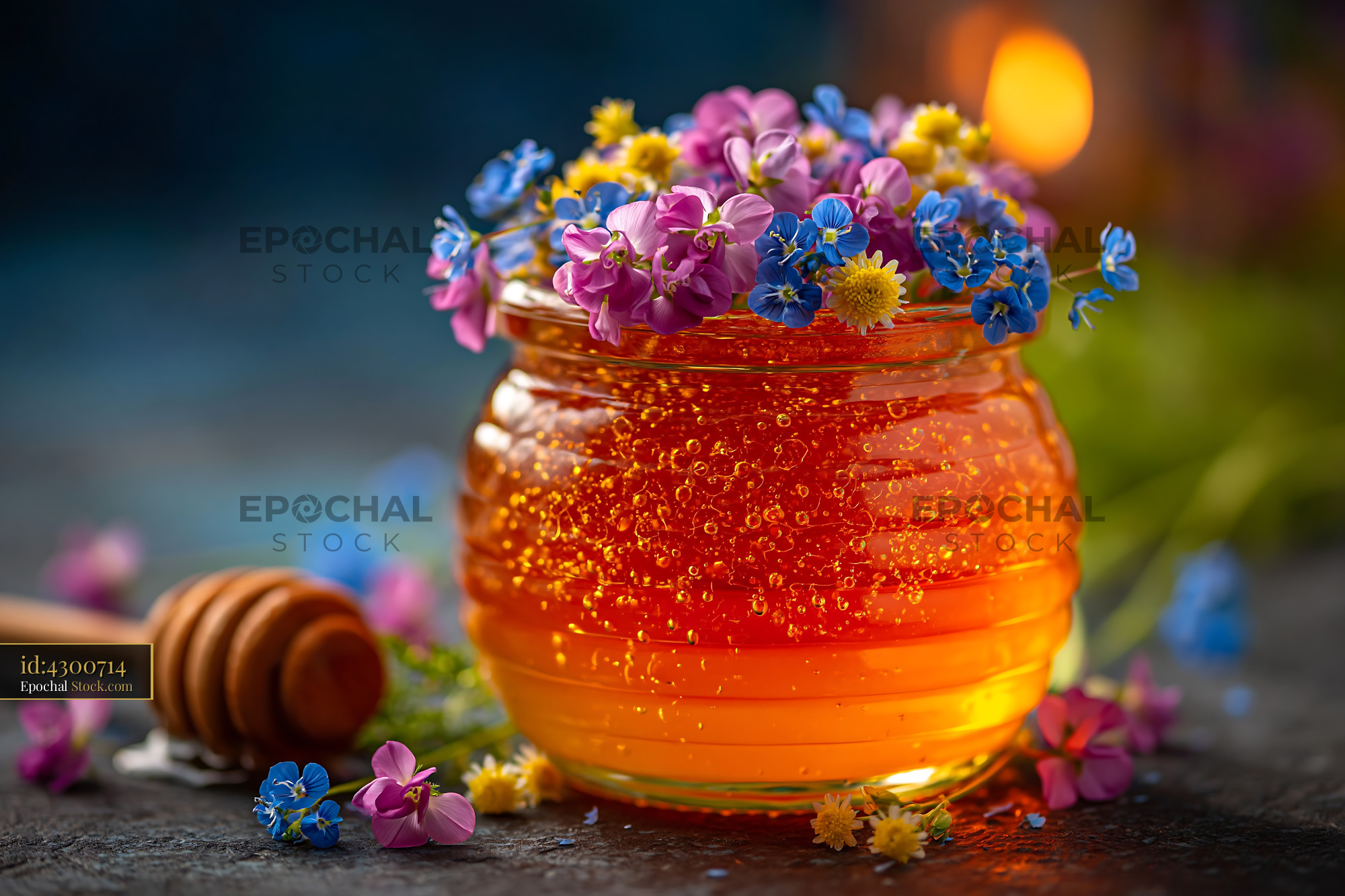 Artisanal honey jar with vibrant wildflowers on a dark background - stock photo