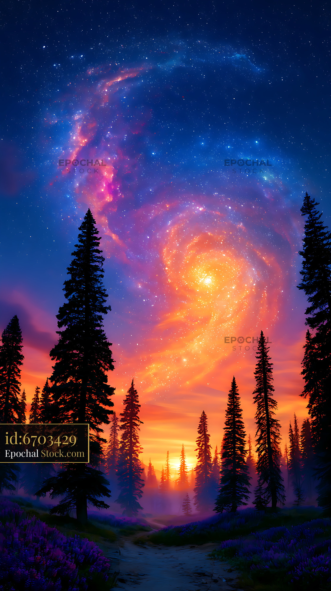 Galaxy swirling over spruce forest silhouette at sunset - stock photo