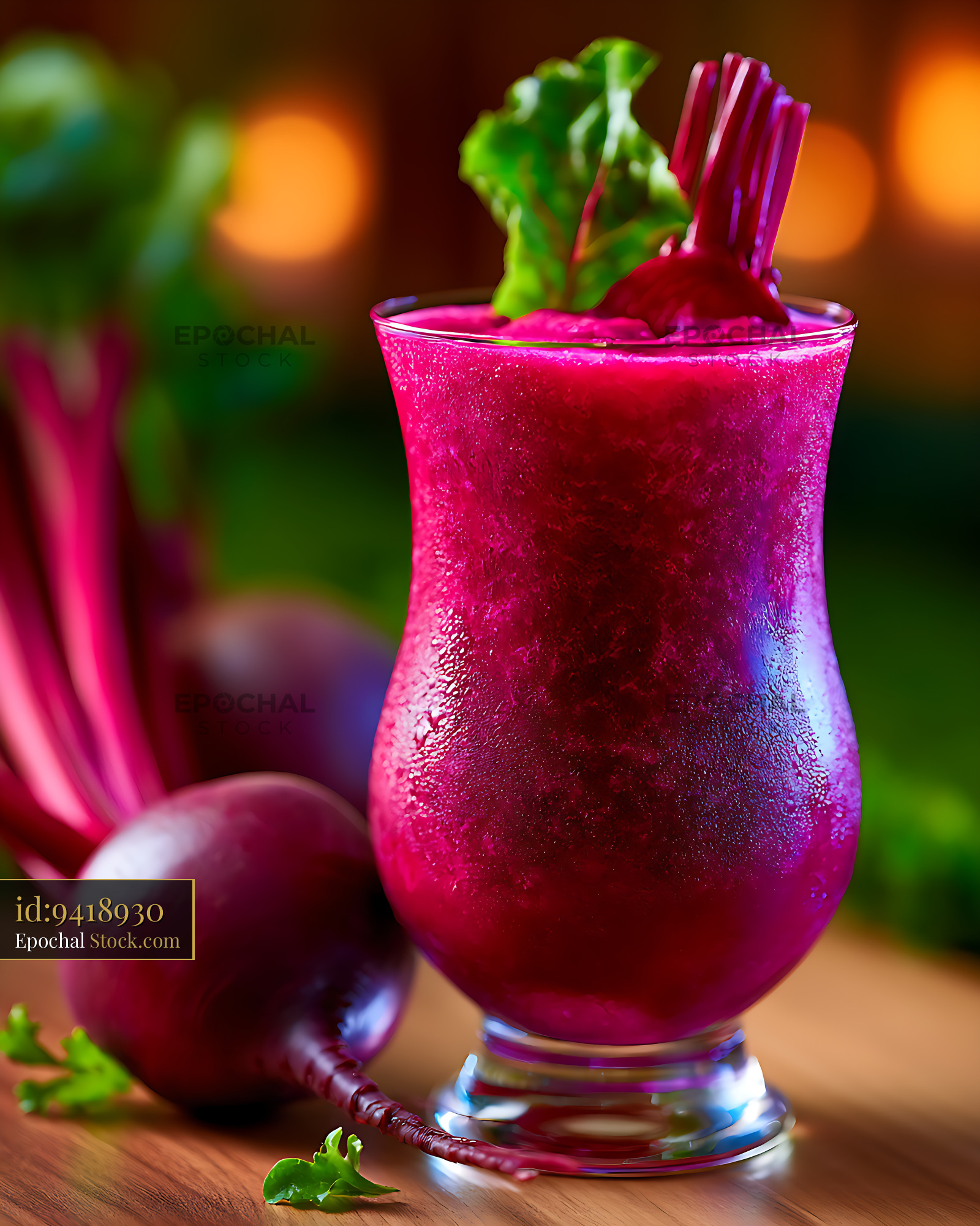 Vibrant purple beetroot detox smoothie garnished with fresh leaves - stock photo