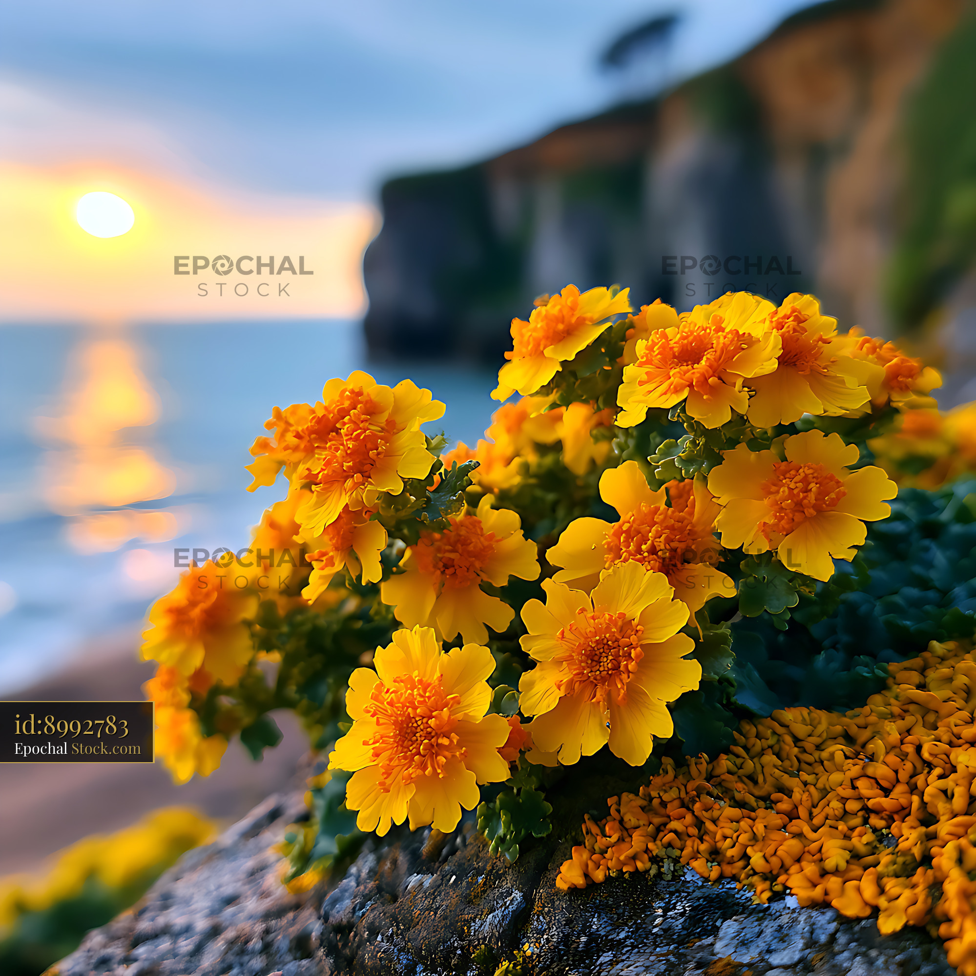 Yellow wildflowers blooming on a rocky coastal cliff at sunset - stock photo