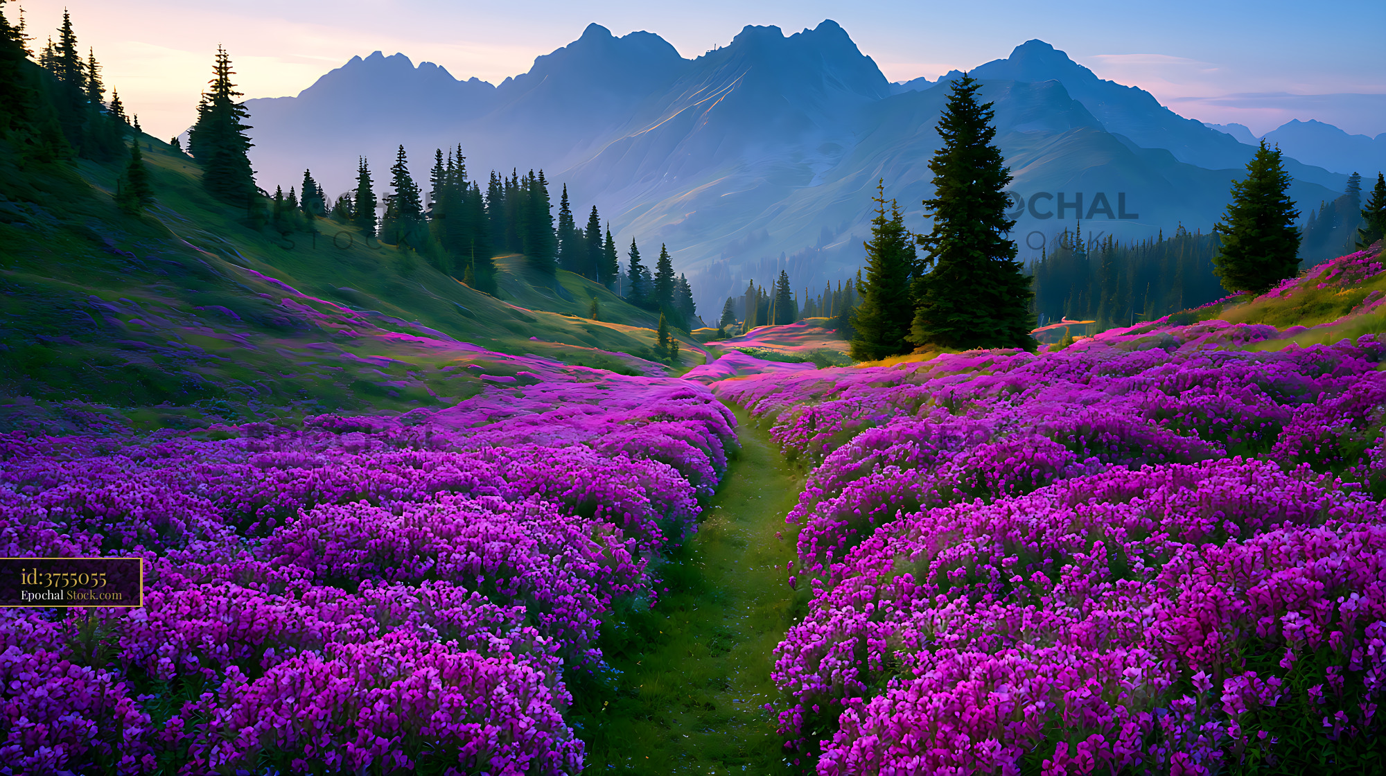 Alpine wildflower meadow rolling through a mountain valley at dawn - stock photo