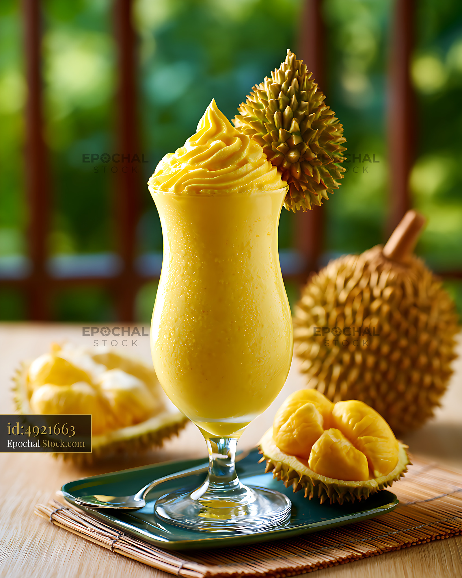 Durian tropical milkshake with whipped cream and fresh fruit garnish - stock photo