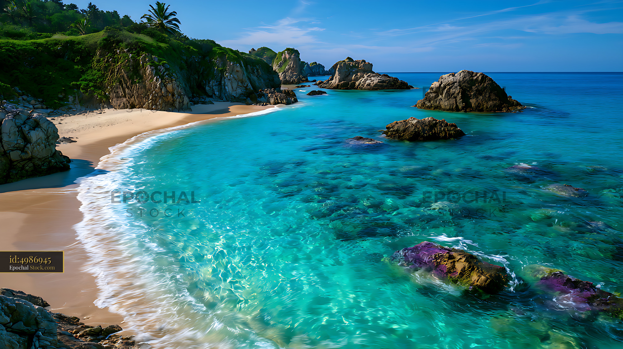 Empty cove with crystal blue water and white sand at tropical coast - stock photo