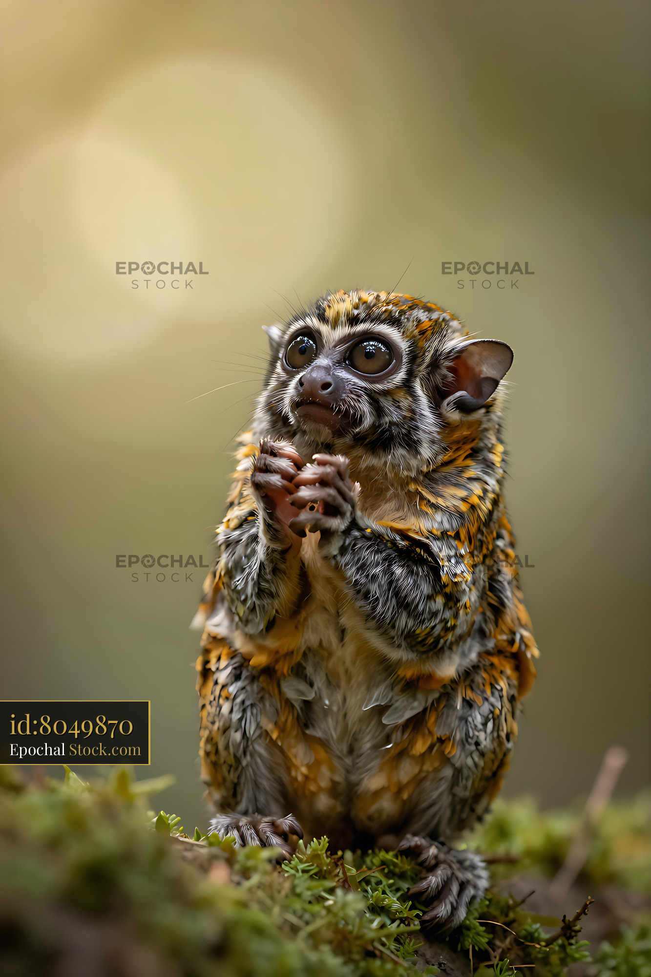 Pygmy marmoset with wet fur looking up curiously in the forest - stock photo