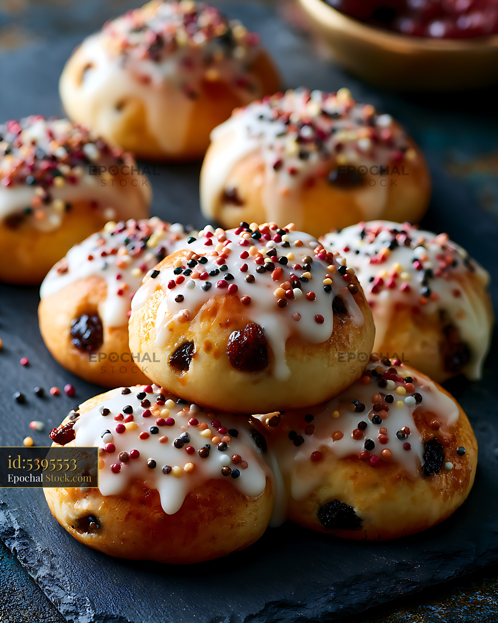 Freshly baked papassini sardinian cookies with white icing and sprinkl - stock photo