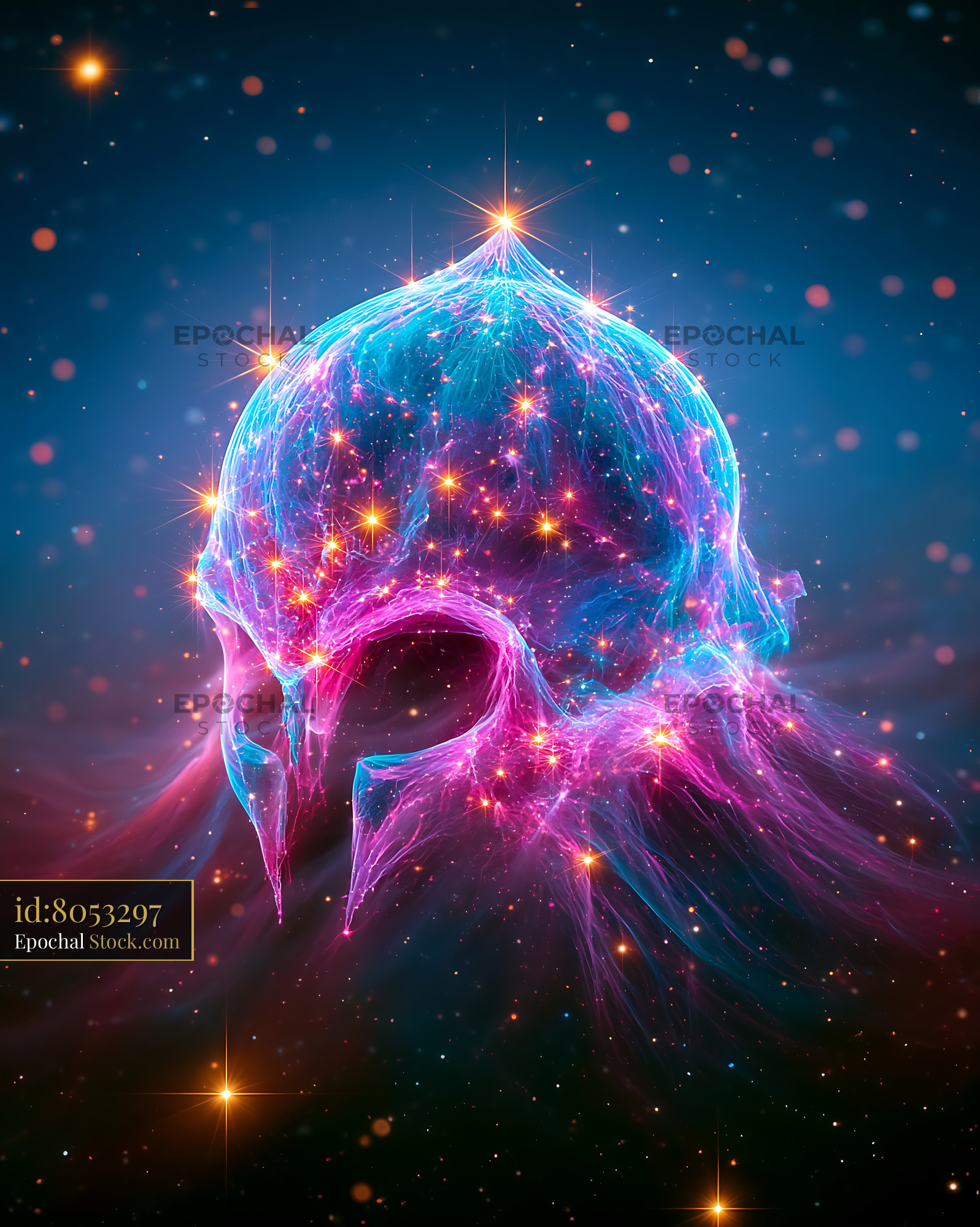 Ethereal nebula in the shape of a Spartan helmet in deep space - stock photo