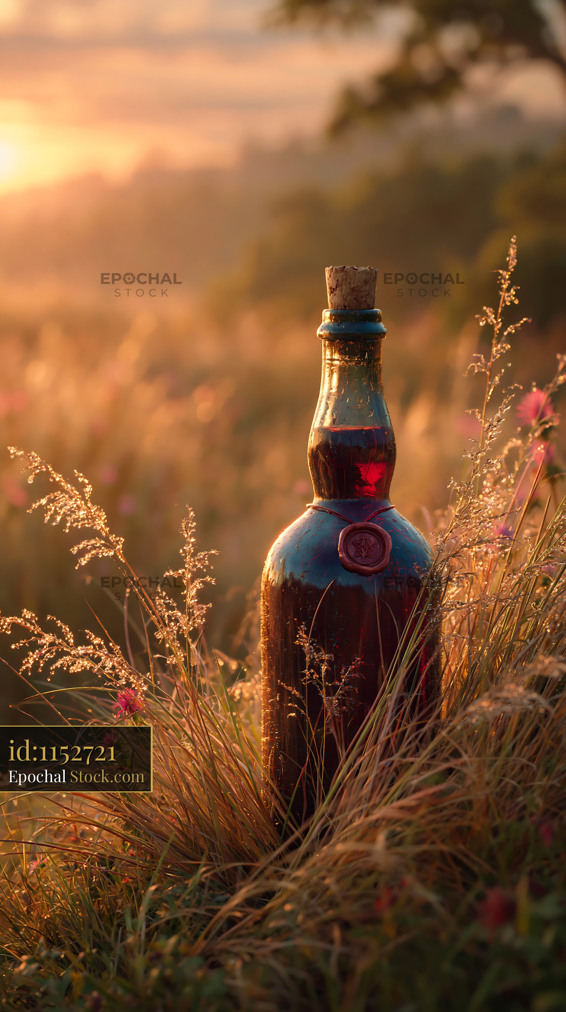 Red wine bottle with wax seal in tall meadow grass at sunset - stock photo