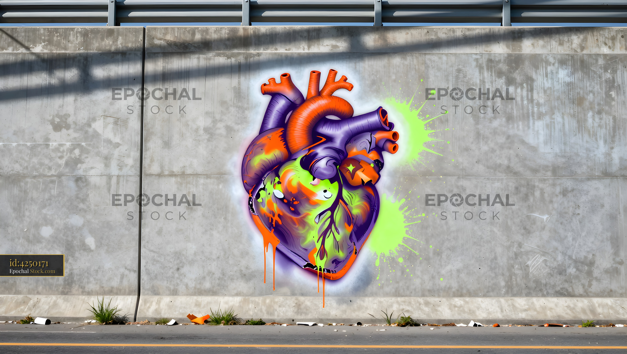 Colorful heart mural on concrete wall in urban setting Premium Stock Photo