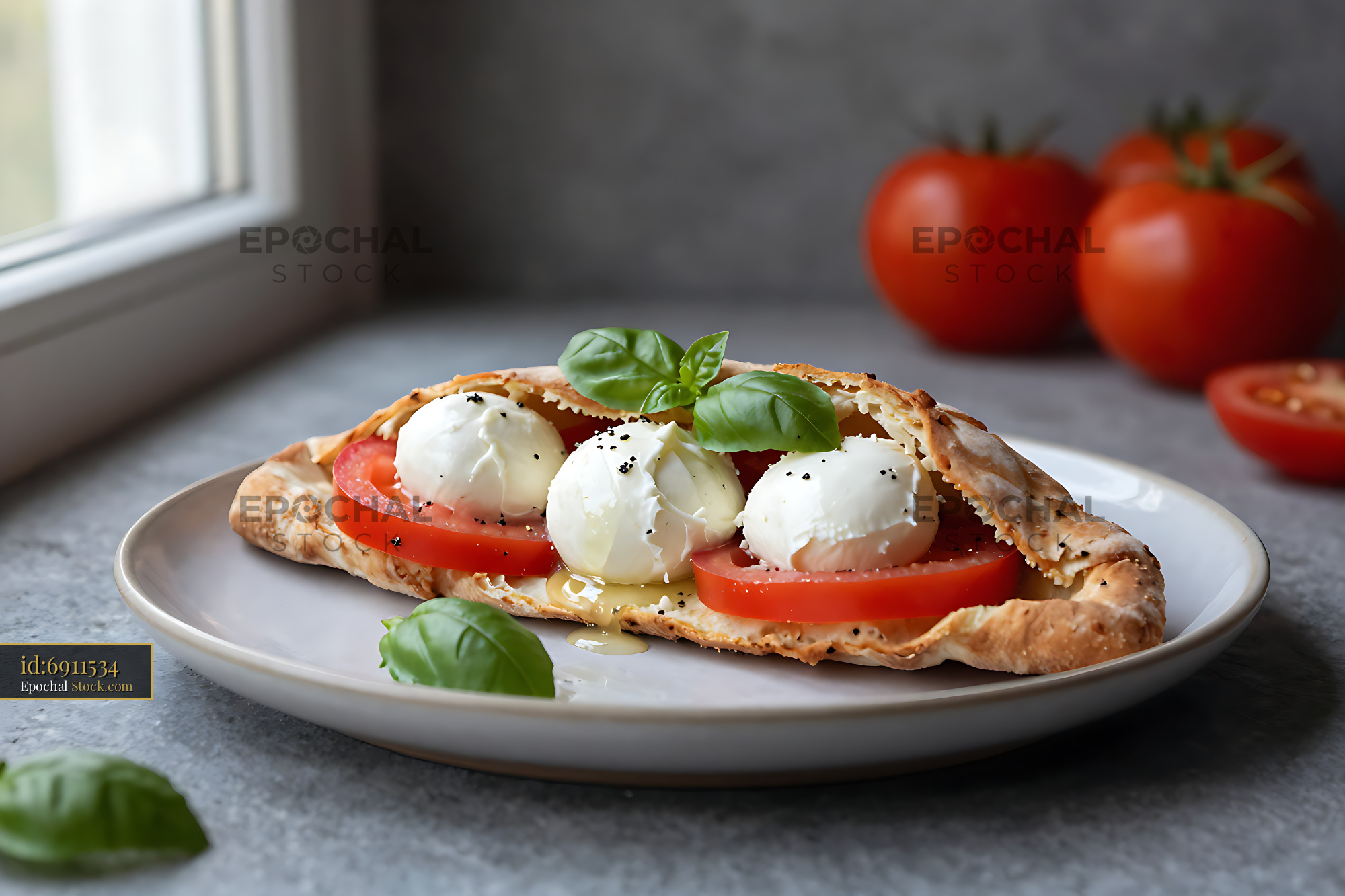 Calzone Caprese Buffalo Mozzarella Crown with fresh basil and tomatoes - stock photo