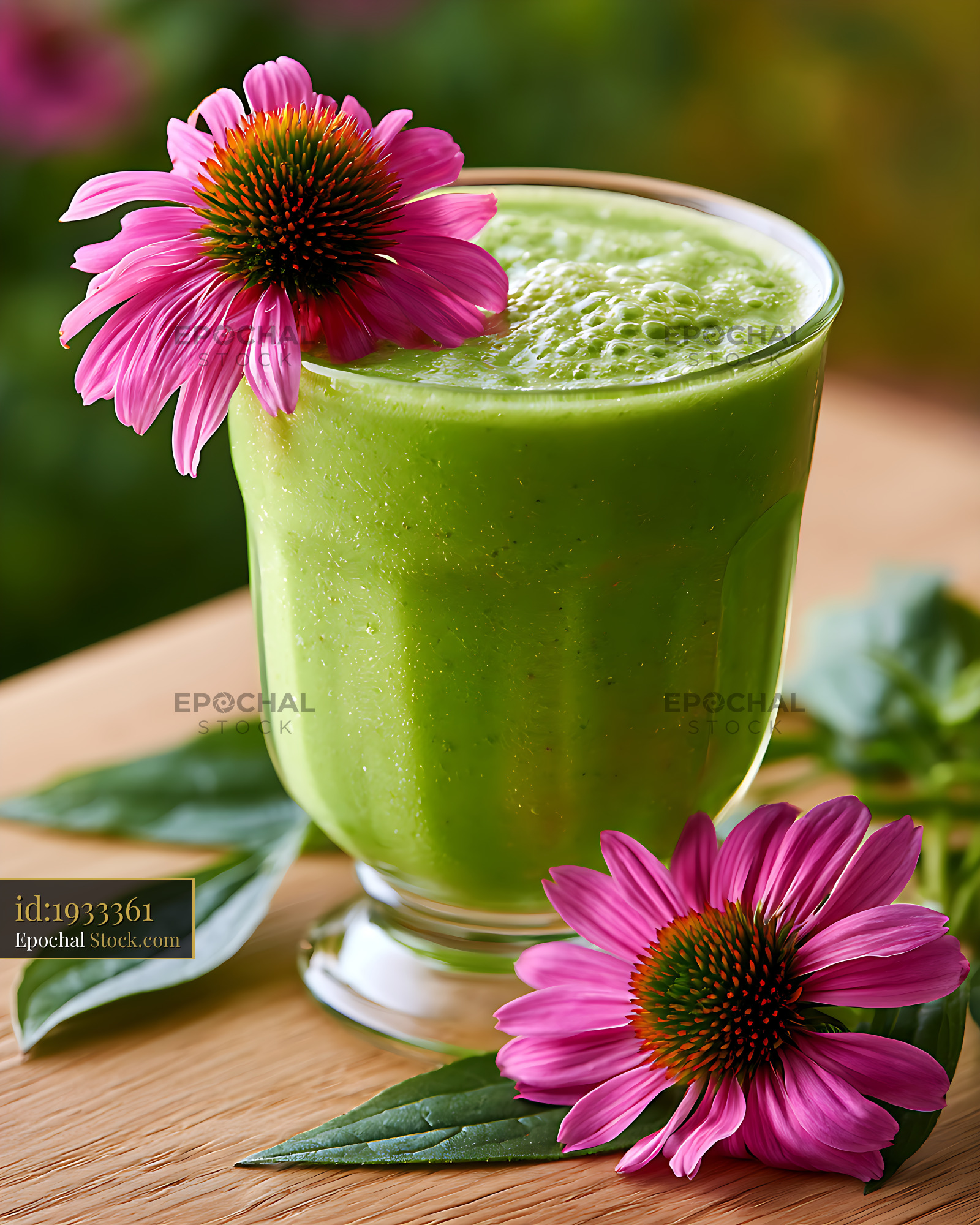 Green echinacea wellness smoothie with pink flowers in a garden - stock photo