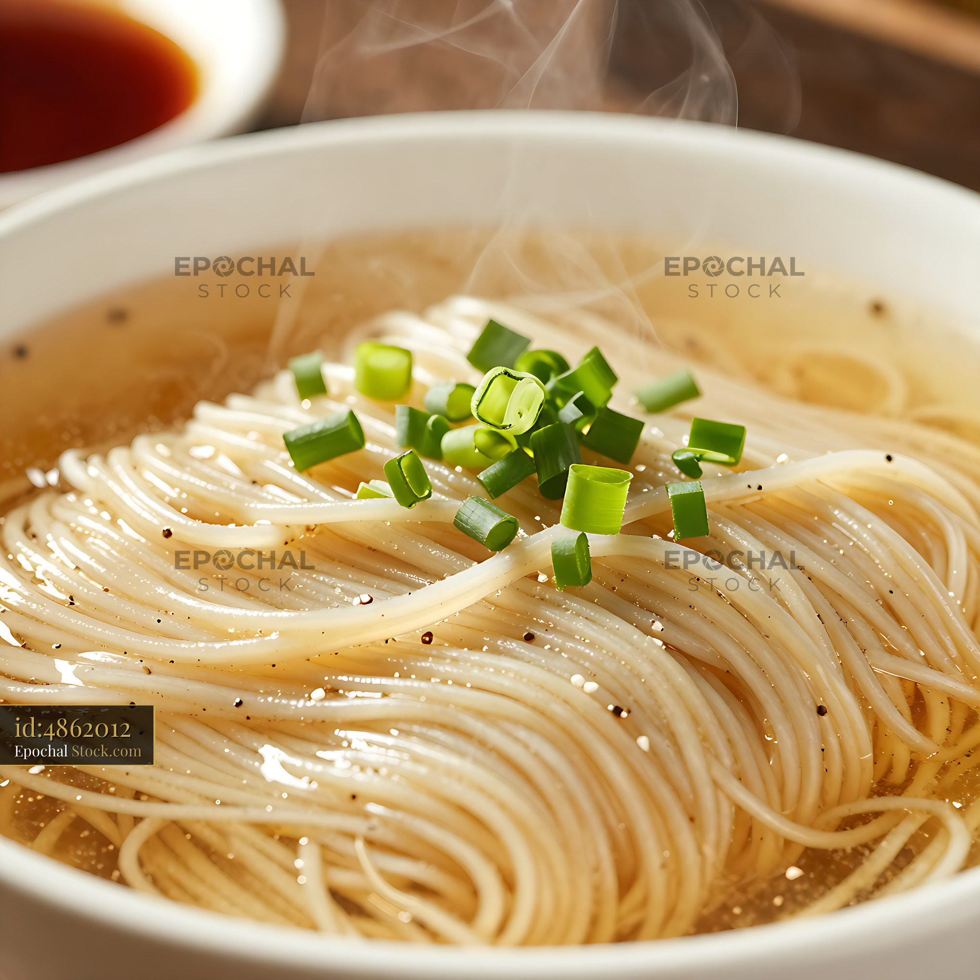 Steaming bowl of Yangchun Mian noodles with green onions - stock photo