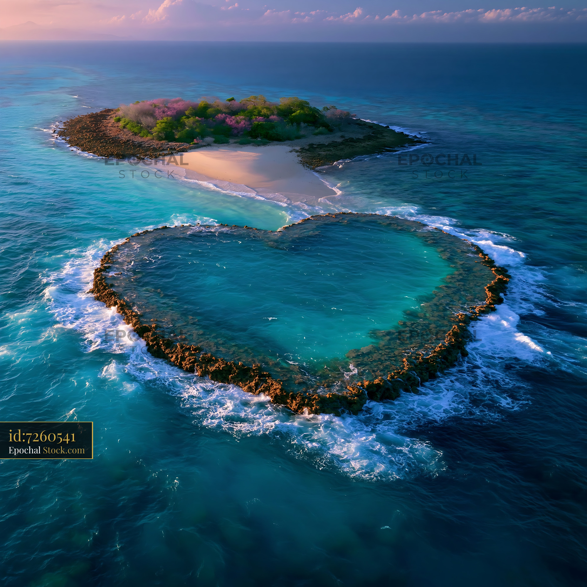 Heart shaped coral reef and tropical island in turquoise ocean - stock photo