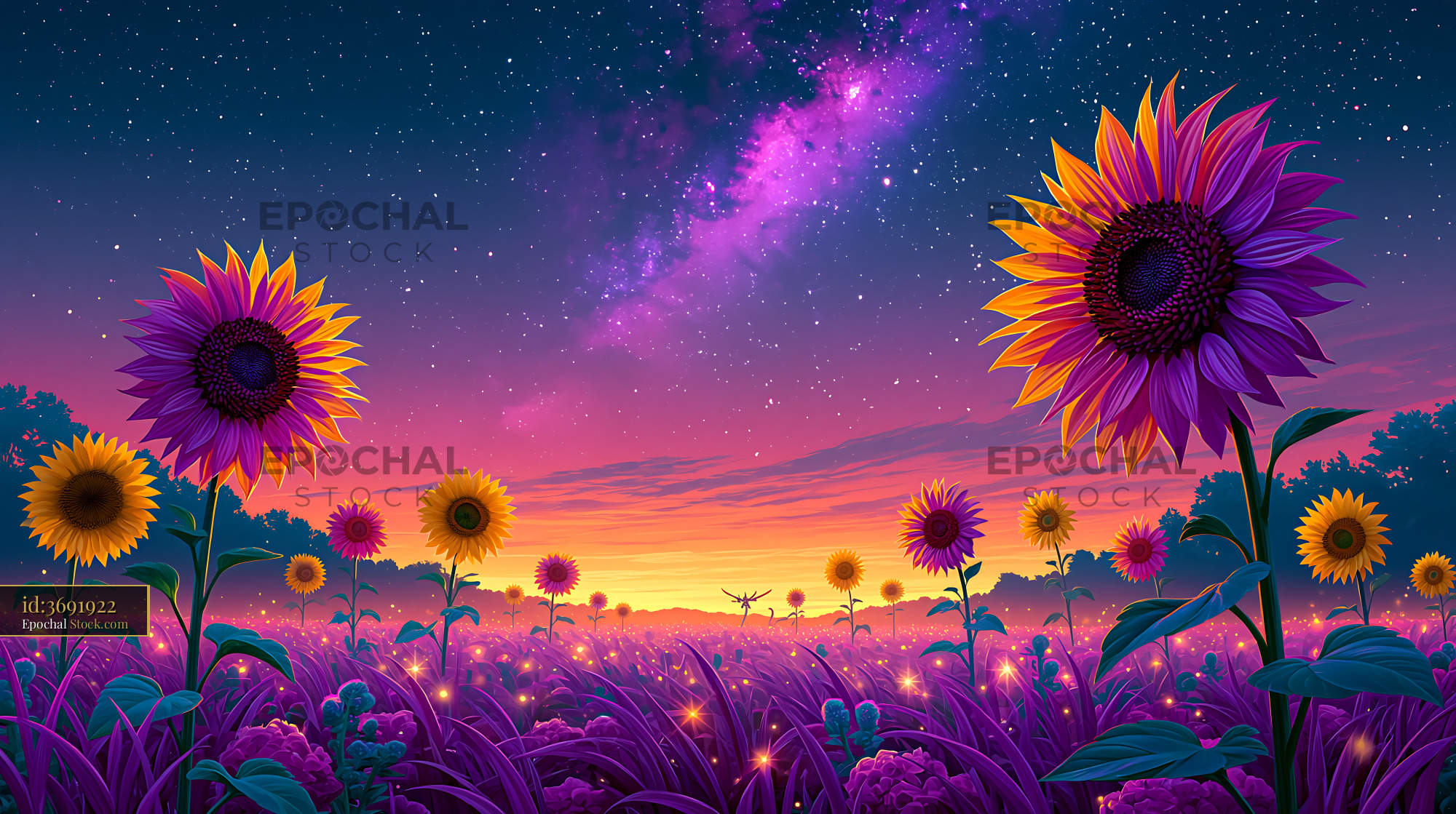 Vibrant sunflower field under a starry night sky with milky way galaxy - stock photo