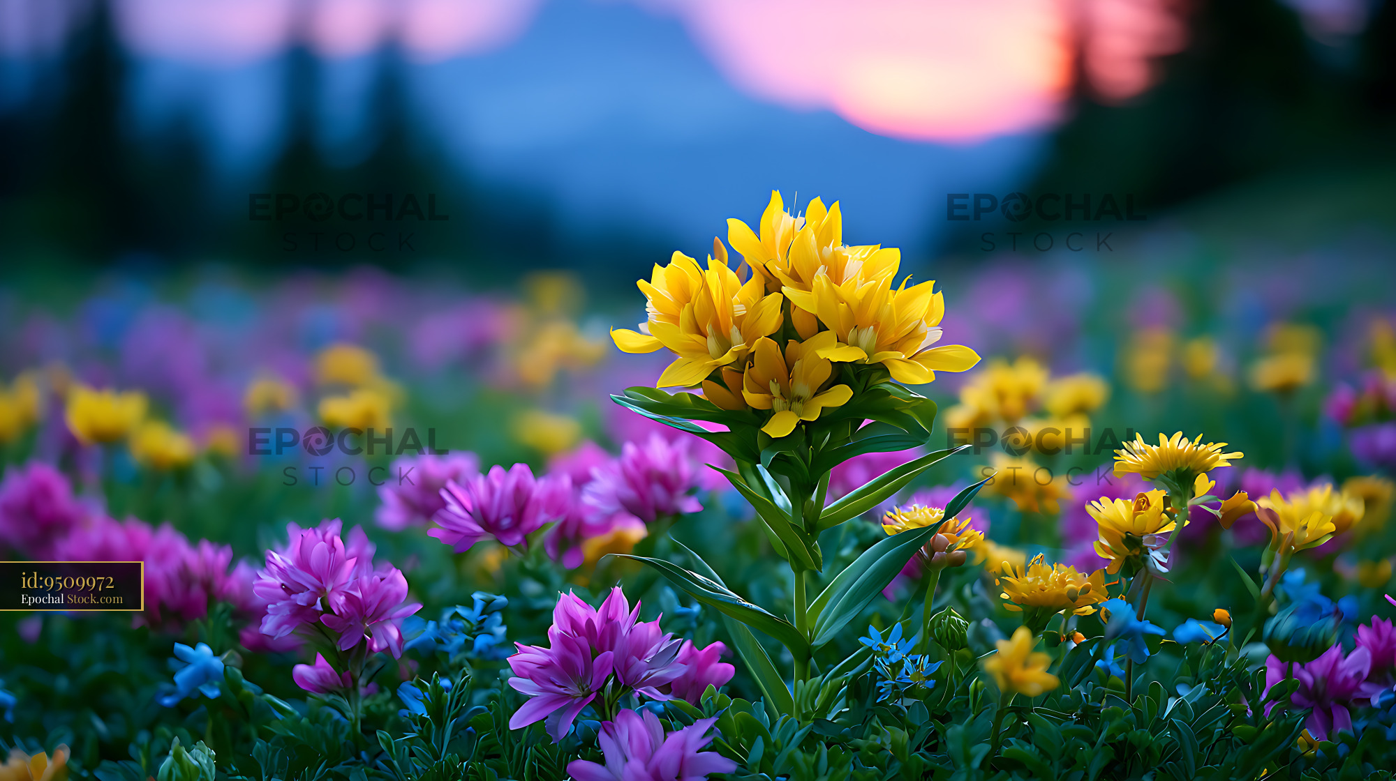 Yellow gentian flower blooming in a mountain meadow at twilight - stock photo