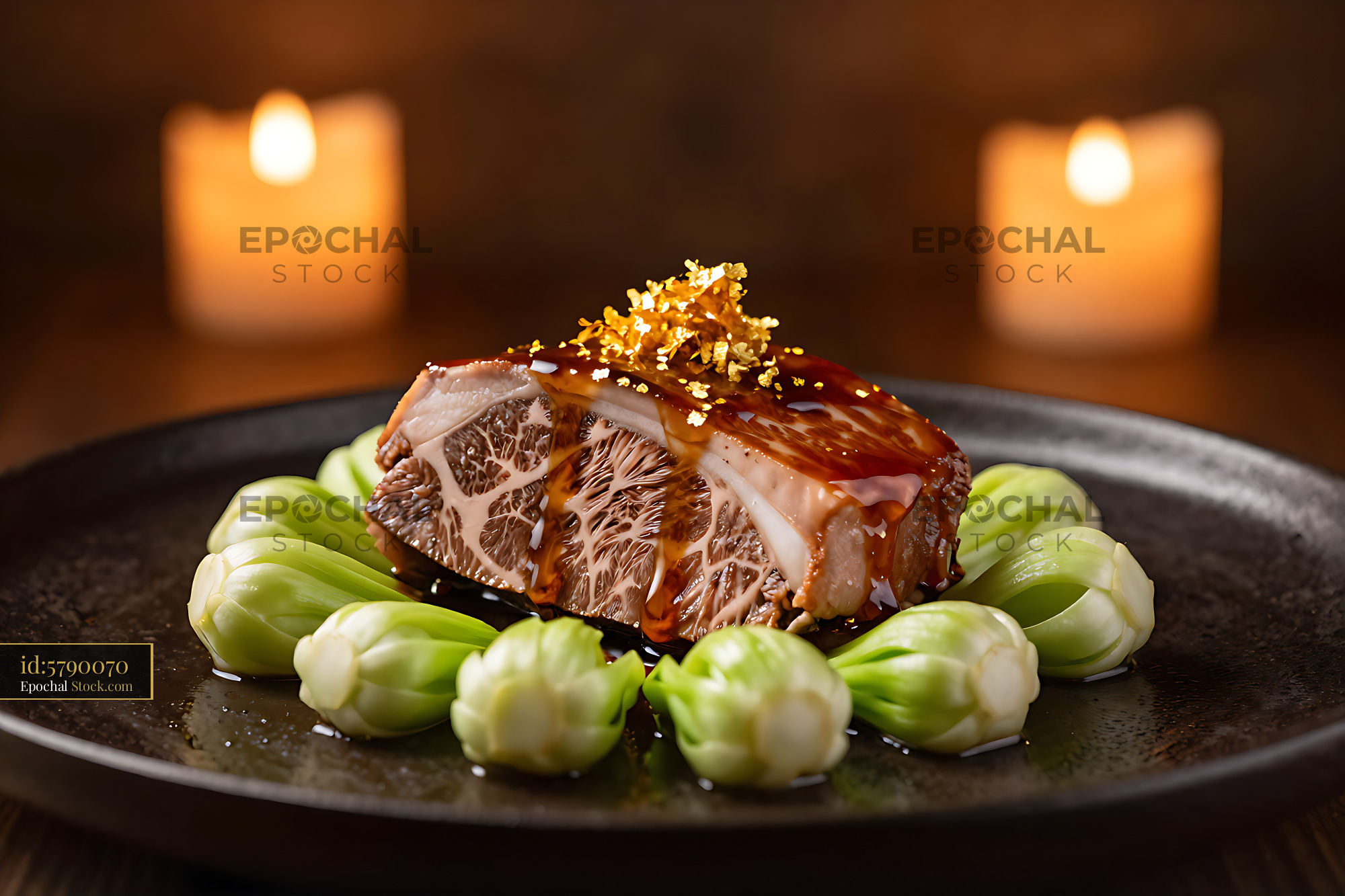 Slow-braised Wagyu beef cheek with gold leaf and bok choy - stock photo