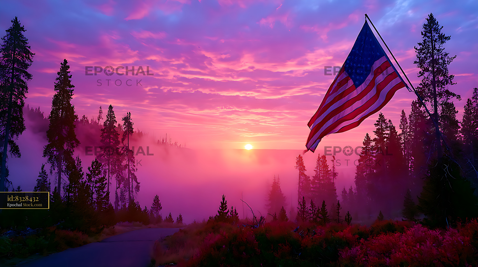 American flag waving over misty pine forest at sunrise in Yellowstone - stock photo