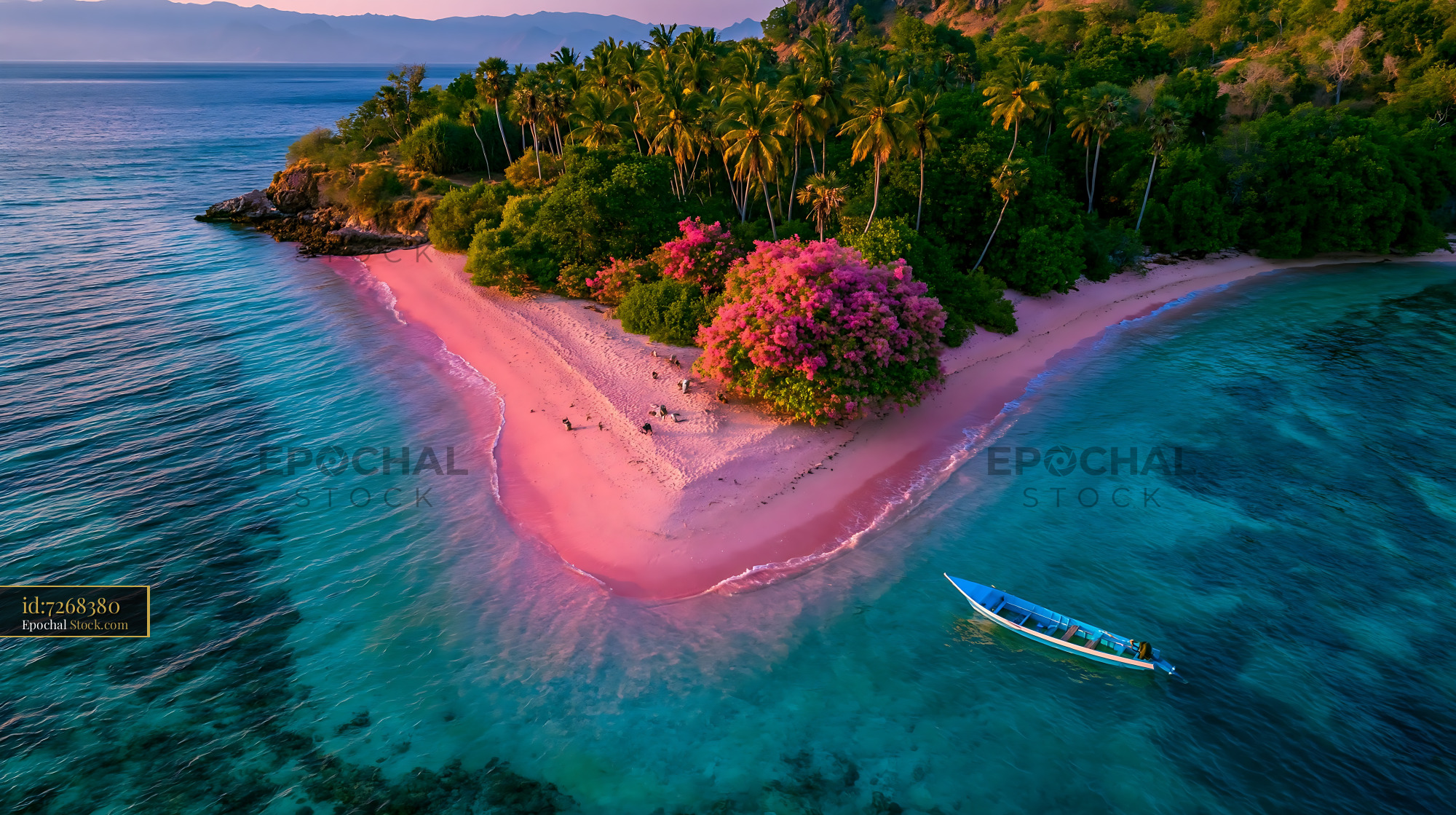 Aerial view of a tropical island with vibrant pink sand beach - stock photo