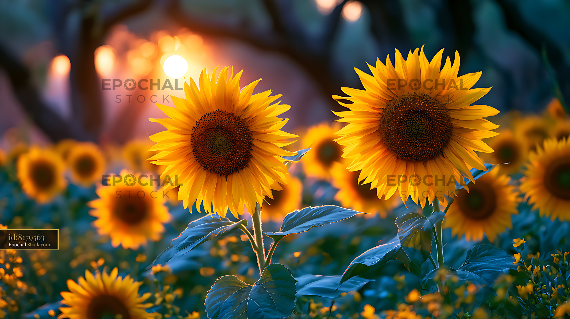 Two vibrant sunflowers in an Andalusian olive grove at golden hour - stock photo