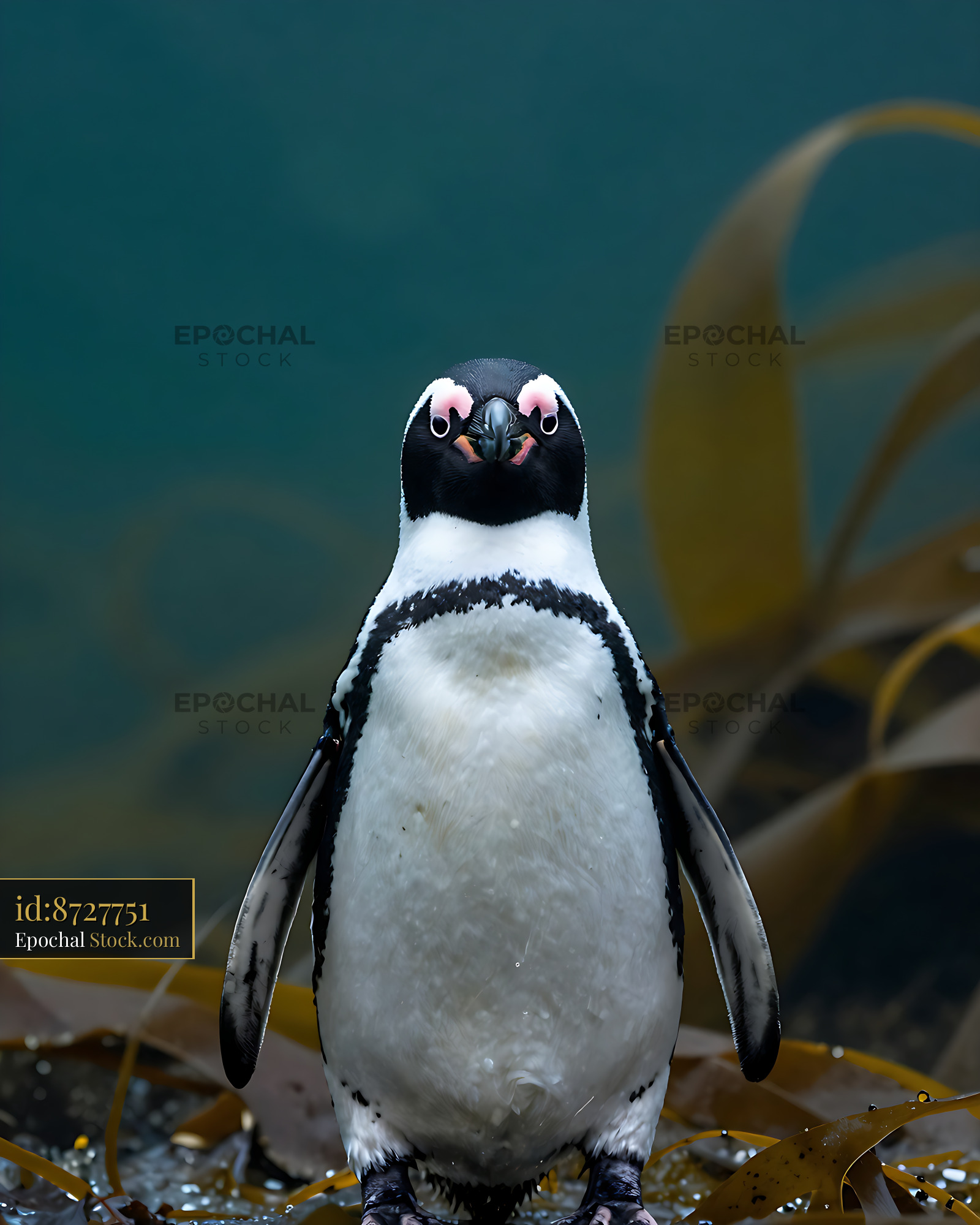 African penguin standing among kelp leaves with a direct gaze - stock photo
