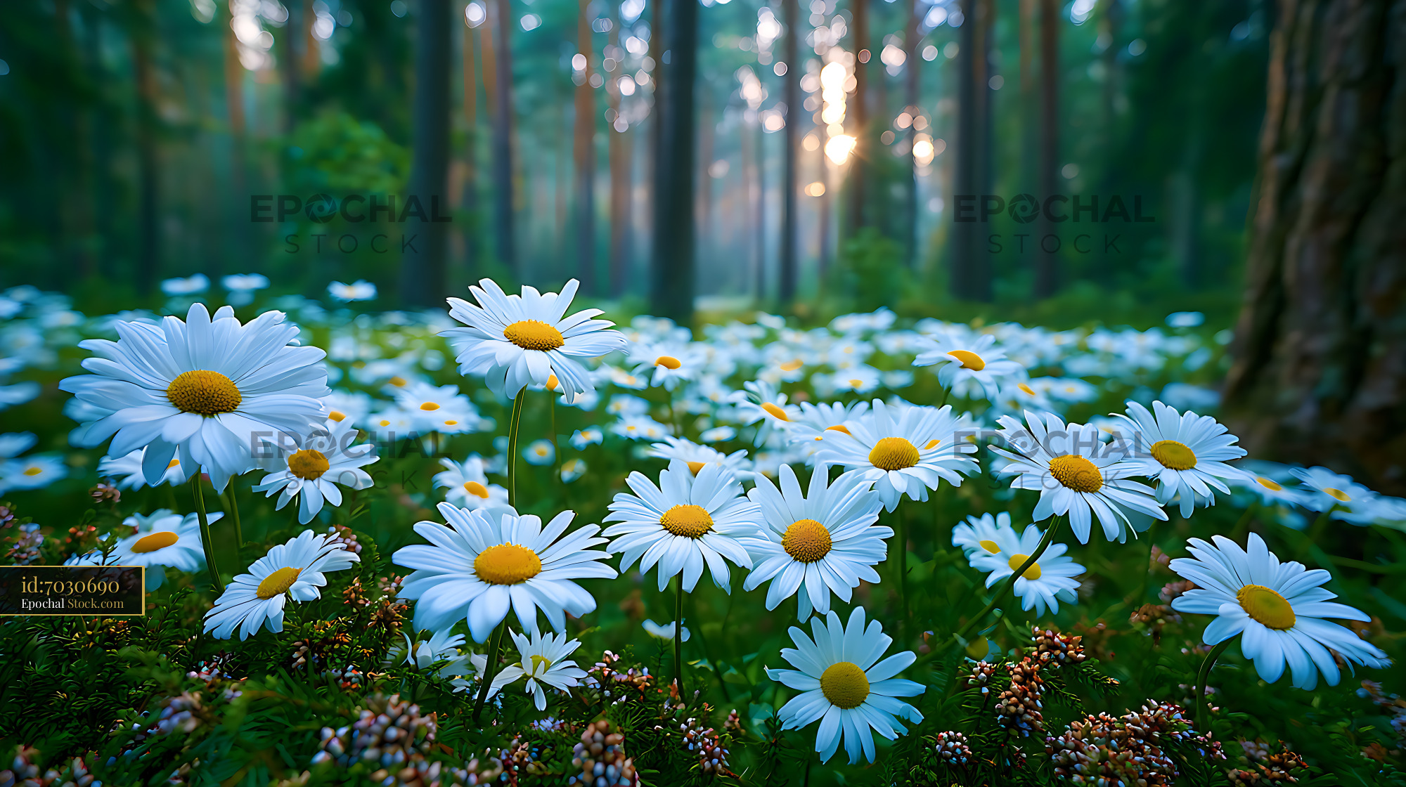 White daisies blooming in a sunlit forest meadow at golden hour - stock photo
